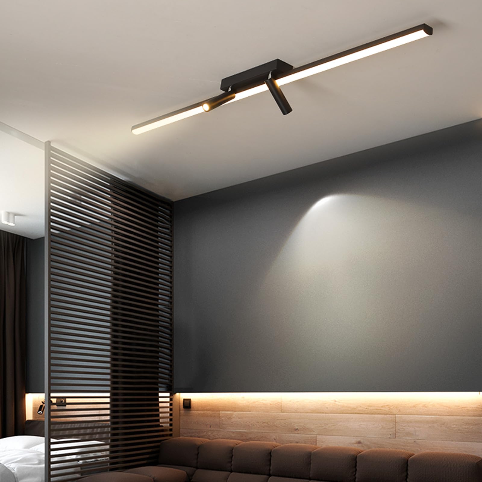 Plafoniera LED Soffitto con Faretti da Orientabili Lampada da Soffitto Ruotabile a 360° Plafoniera Lunga Lineare Disegno Decorative per Cucina Soggiorno Camera da Letto (Nero-Luce Calda,120cm)
