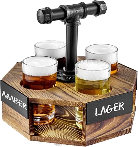 MyGift Juego de servidor de vuelo de cerveza geométrica de madera maciza quemada con mango de tubo de metal industrial rústico, 4 vasos de cerveza y