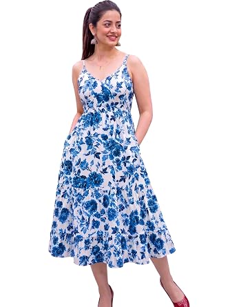Buy Chaukas Women's Rayon Printed Maxi Dress, Sleeveless A-Line Flared Long Dress with Pockets, Casual Summer Beach Vacation Wear (in, Alpha, S, Regular, White and Blue Floral) at Amazon.in