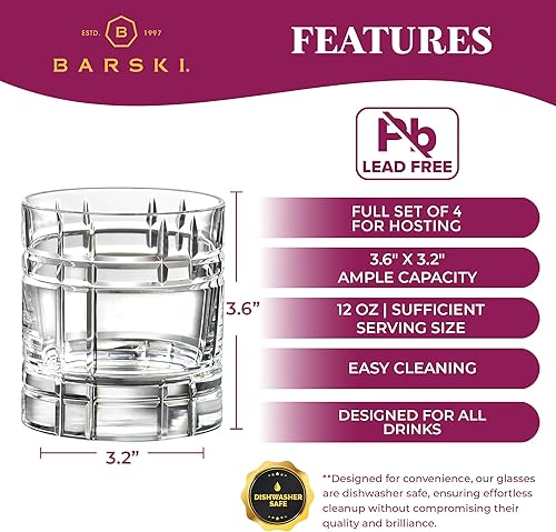 Miniatura 5 de Barski Vasos de whisky  Doble Old Fashioned Rocks Glass  Juego de 4 vasos de cristal DOF  para whisky  Bourbon  Agua  Bebidas  Vasos para beber  11
