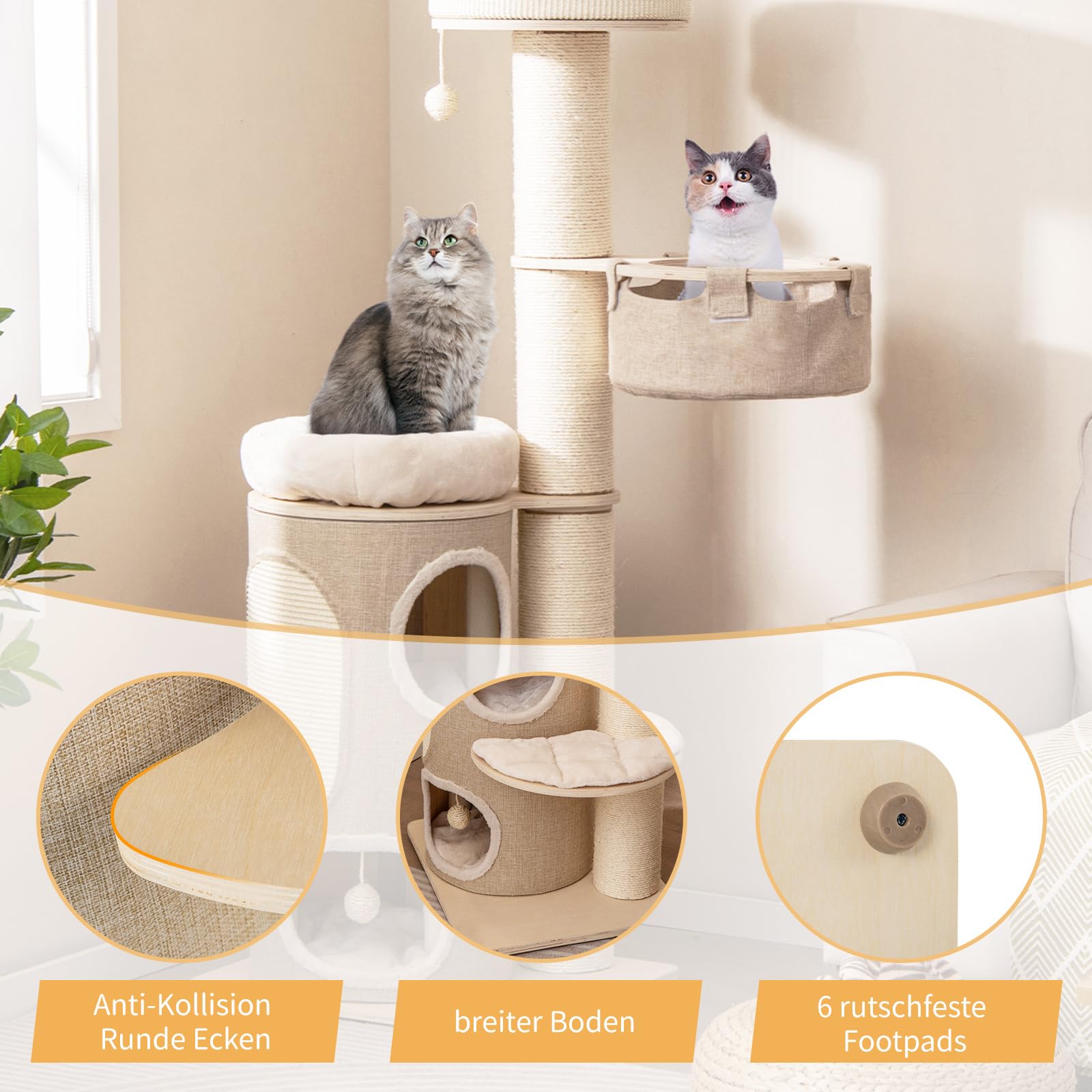 COSTWAY Kratzbaum, Katzenbaum mit 2-stöckiger Kratztonne, Hängematte, abnehmbarem Bett, Sisalbrett, Spielball, Katzenkratzbaum Katzen Katzenmöbel, Kletterbaum Aktivitätsbaum, Beige+Natur