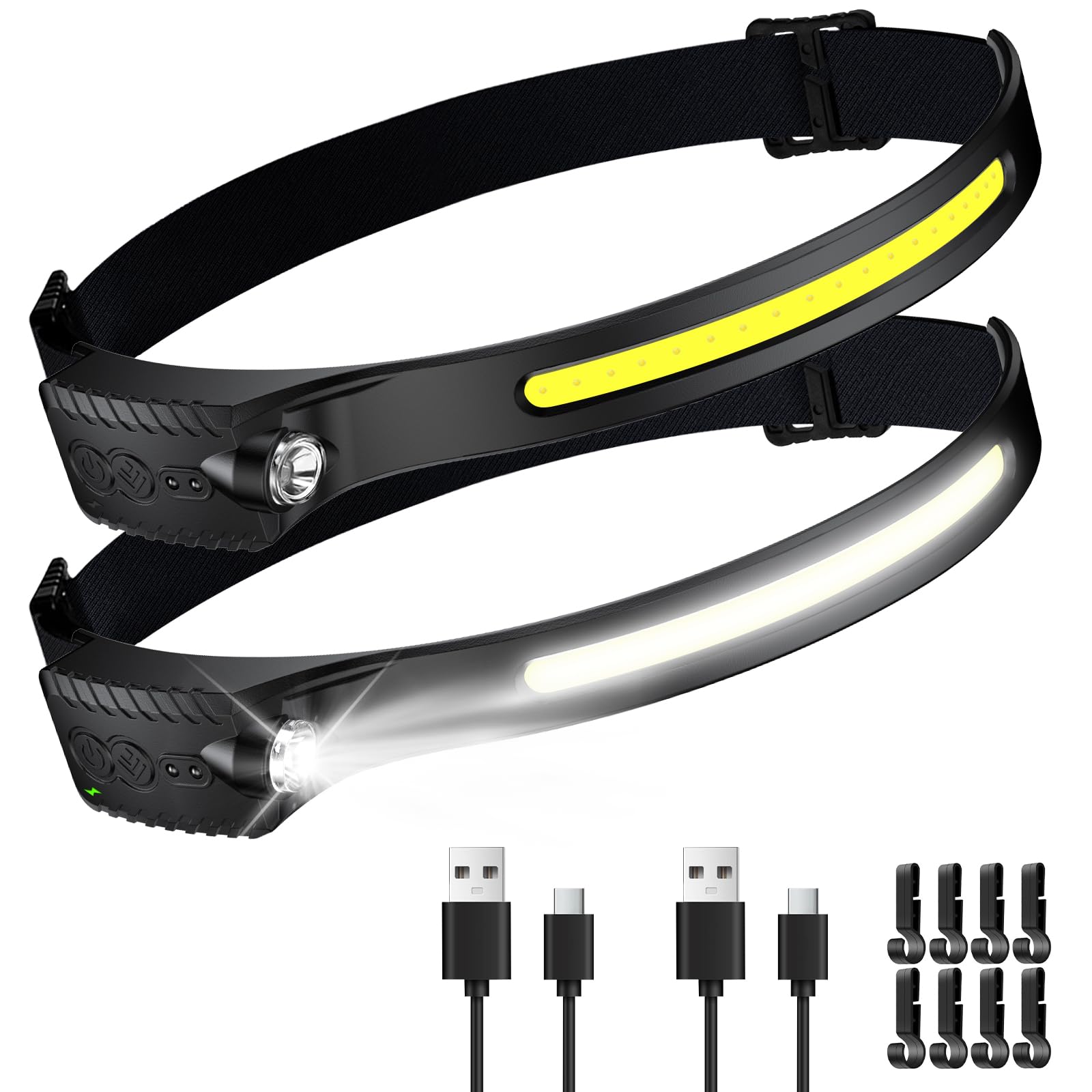 GOEDCH Set Di 2 Torce Frontali LED Ricaricabili USB-C 1200 Lumen - Lampada Frontale Con 6 Modalità Di Illuminazione Per Outdoor, Corsa E Campeggio