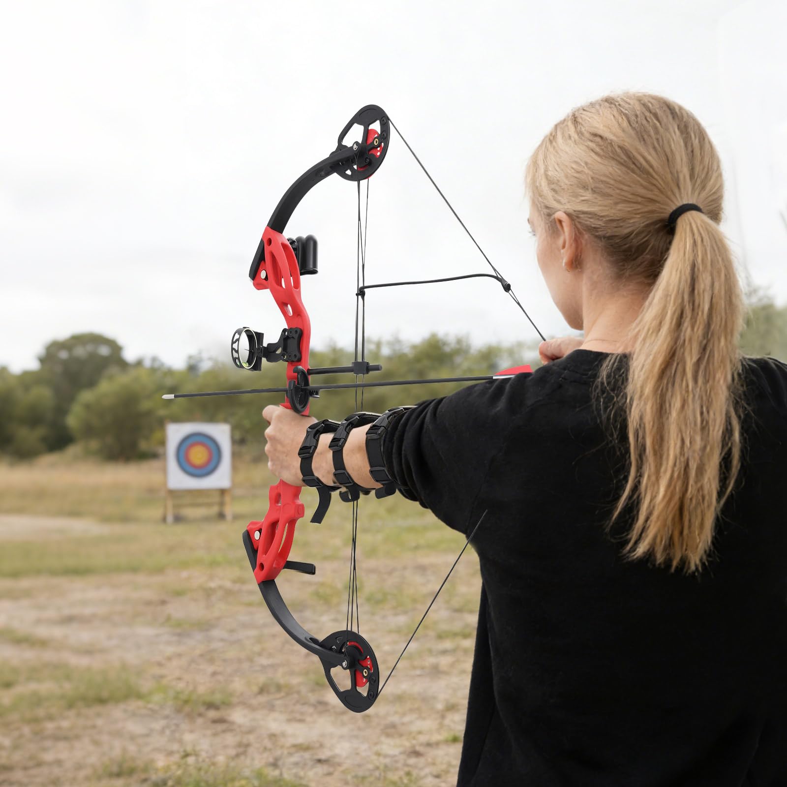 Juego de arco compuesto y flecha, 16-29 libras, peso ajustable para juventud, arco, con una visera de un pin con libélula y una almohadilla de flecha, para adolescentes y niños
