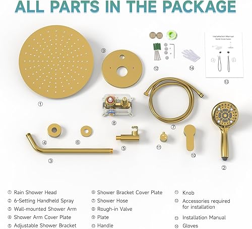 Miniatura 7 de SR SUN RISE Sistema de ducha dorado, juego de grifo de ducha de lluvia de 12 pulgadas, 6 ajustes de cabezal de ducha de mano de alta presión,