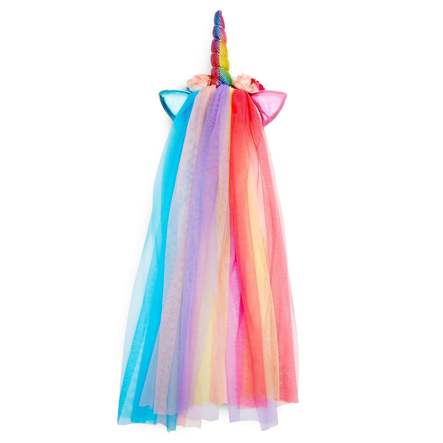 Unicorn Headband With Tulle Mane and Flowers For Adults and Girls (Rainbow Headband)