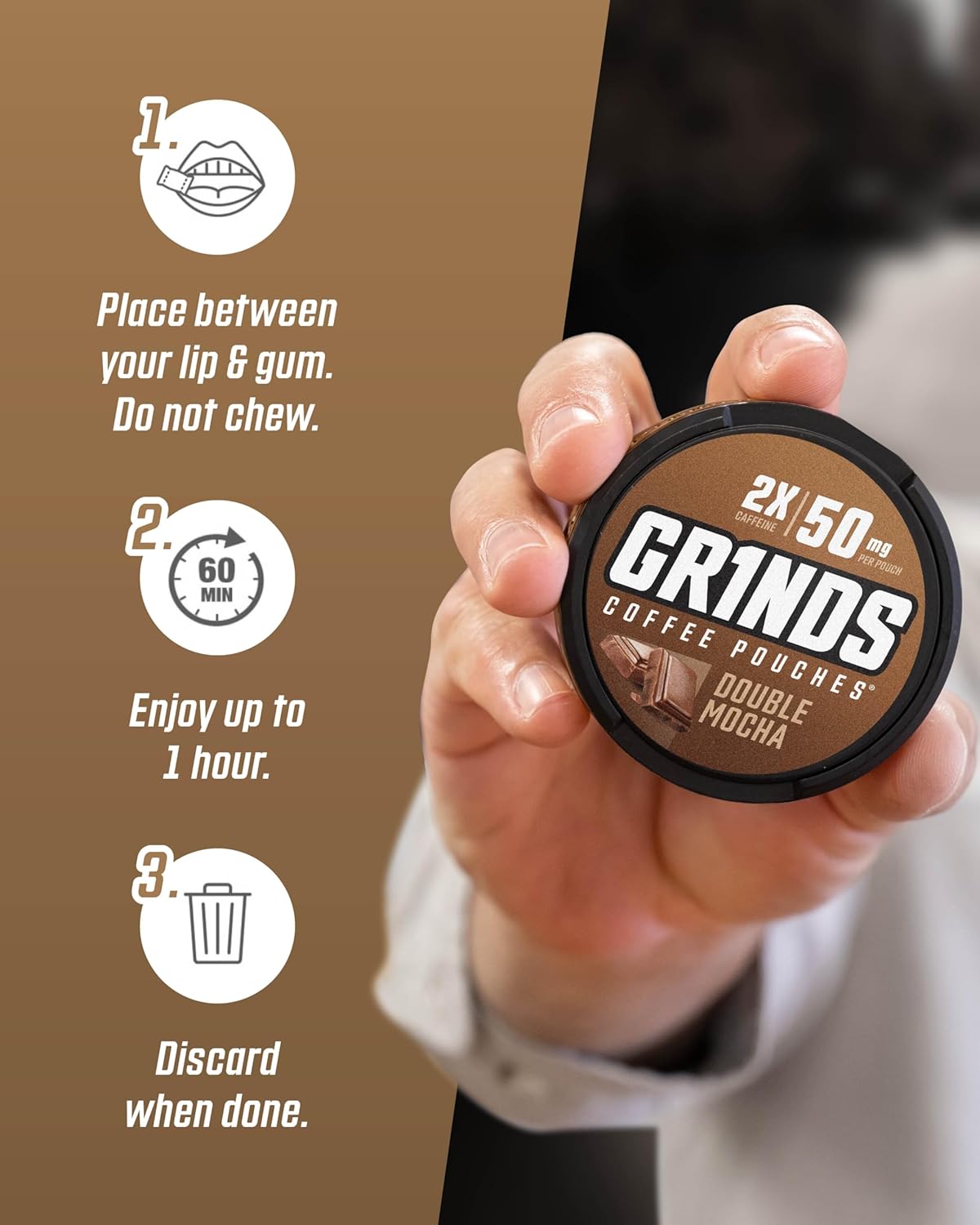 Grinds Coffee Pouches | Double Mocha Flavor | 6 Cans | Brew-Free Coffee Alternative | 18 Pouches Per Can