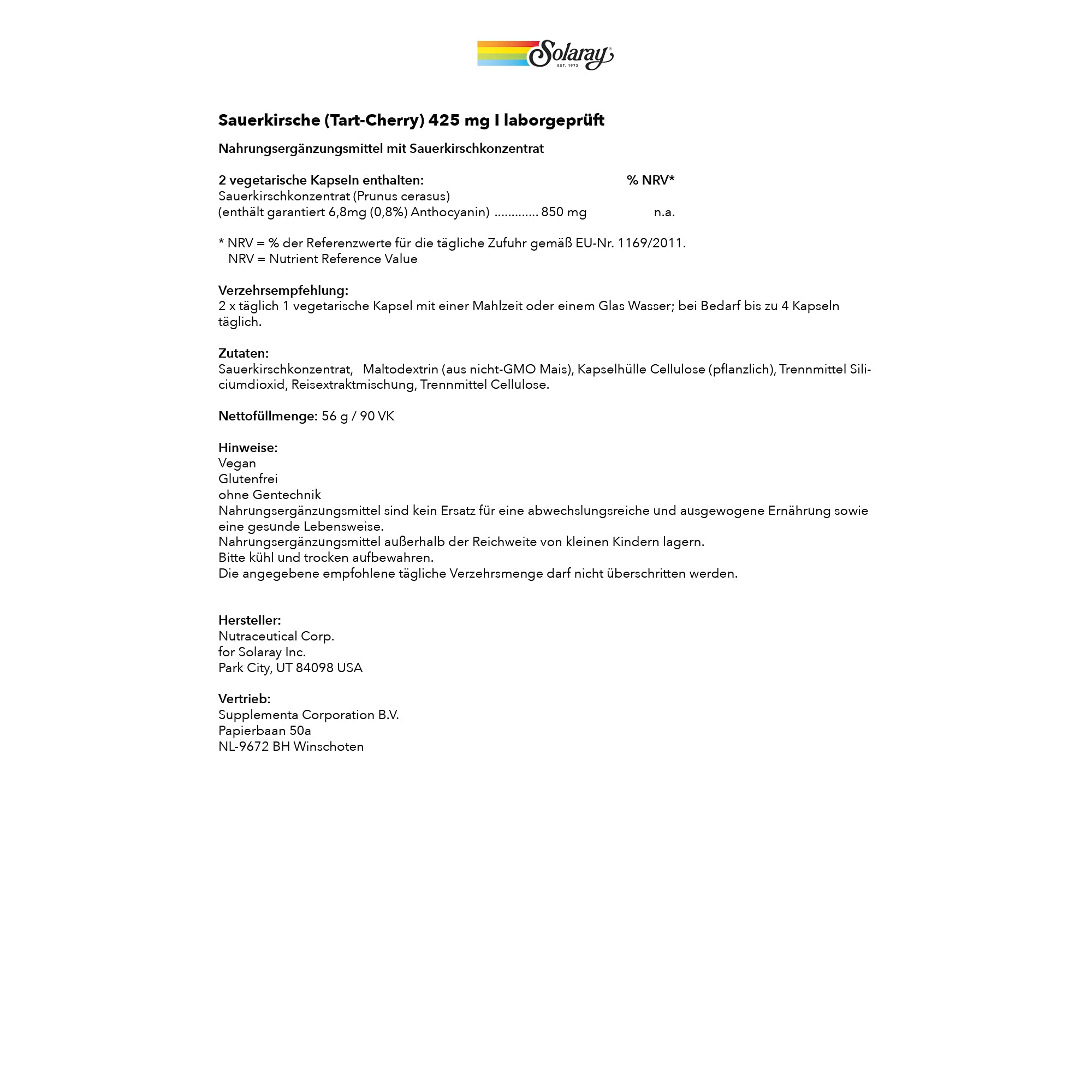 Solaray Sauerkirsche (Tart-Cherry) | 425 mg pro Kapsel | 90 Kapseln | laborgeprüft | glutenfrei | vegan | ohne Gentechnik | Nahrungsergänzungsmittel mit Antioxidantien & Nährstoffen