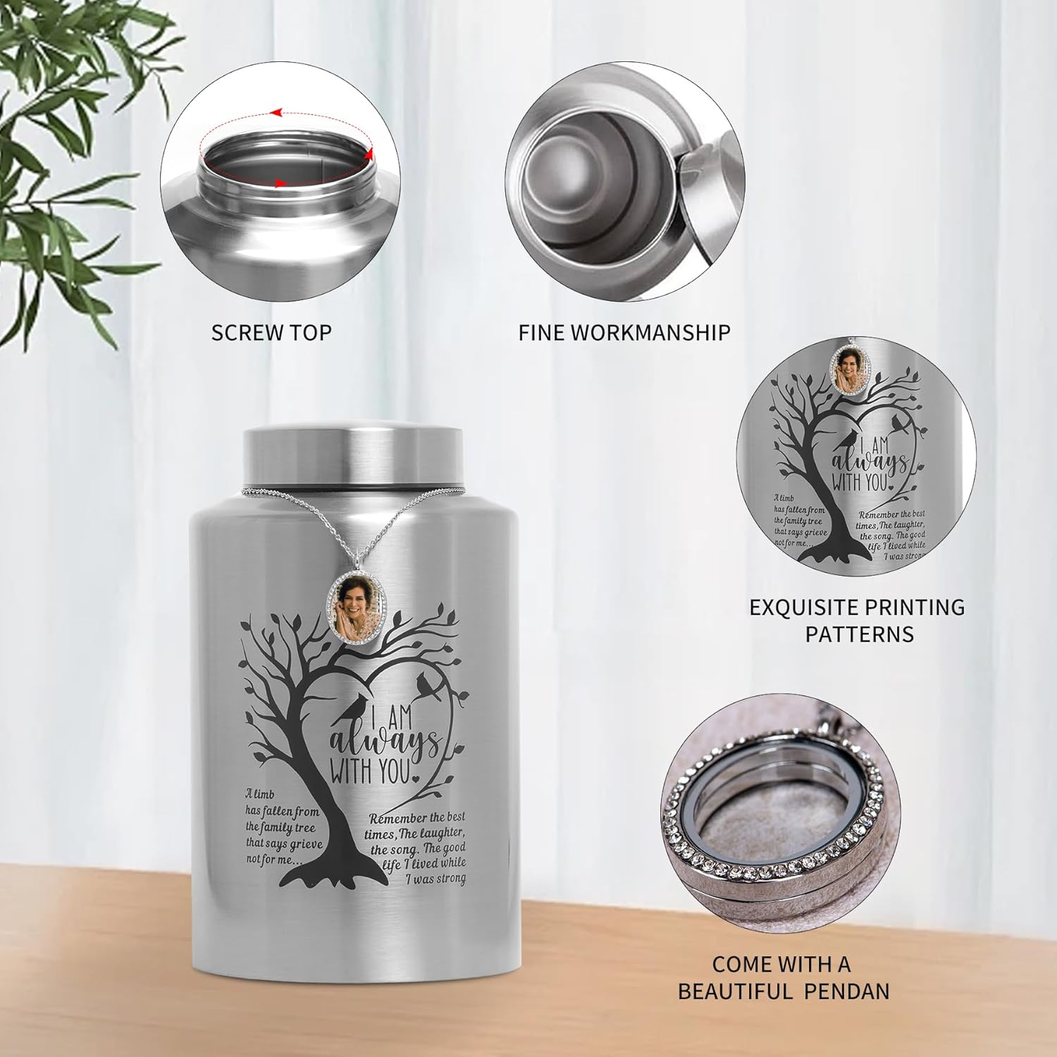 Cremation Urn for Ashes Large Decorative Urn for Adult Human Male Female Ashes Up to 220 lbs Engraved Memory Funeral Burial Urn for Women Men with Velvet Bag (Silver urn- Tree of Life)