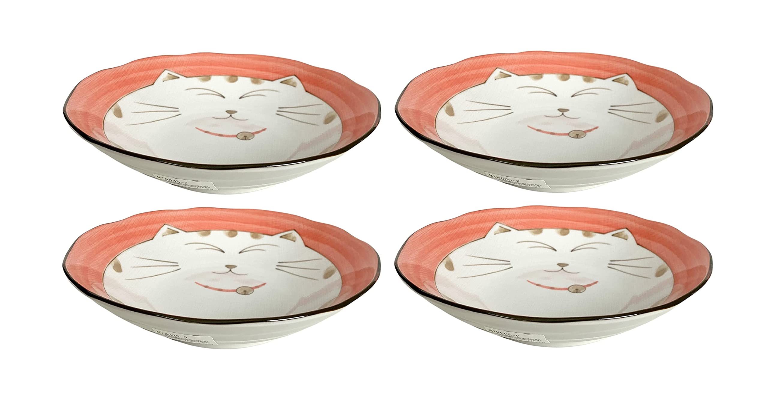 2478, Japanese Porcelain Soup Bowls Shallow Bowl for Cereal Rice Salad Appetizer and Dessert, Pink Color Maneki Neko Smiling Lucky Cat Pattern, Made in Japan, 6-1/2 inch, Pack of 4