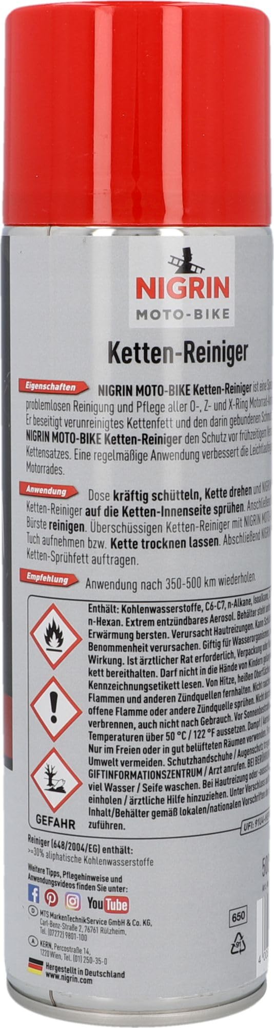NIGRIN MOTO-BIKE - Detergente per catena per moto, adatto per catene O, Z e X, 500 ml