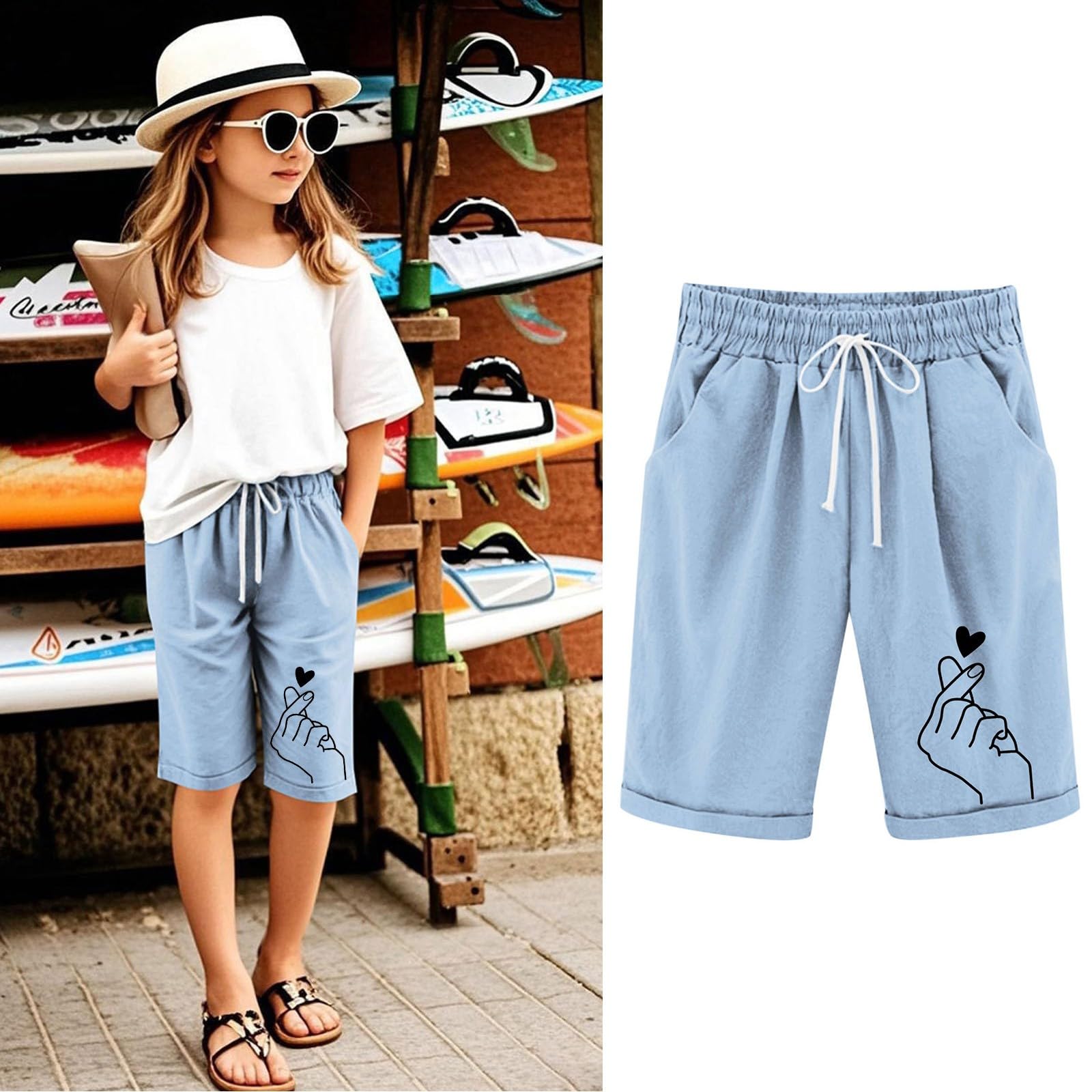 Generisch Leinenhose Kurze Mädchen Leicht Shorts Sommer Freizeit Hose Baumwolle Leinen Strandshorts Elastische Taille Sommerhose Elegant Einfarbig Stoffhose mit Taschen Sweatshorts