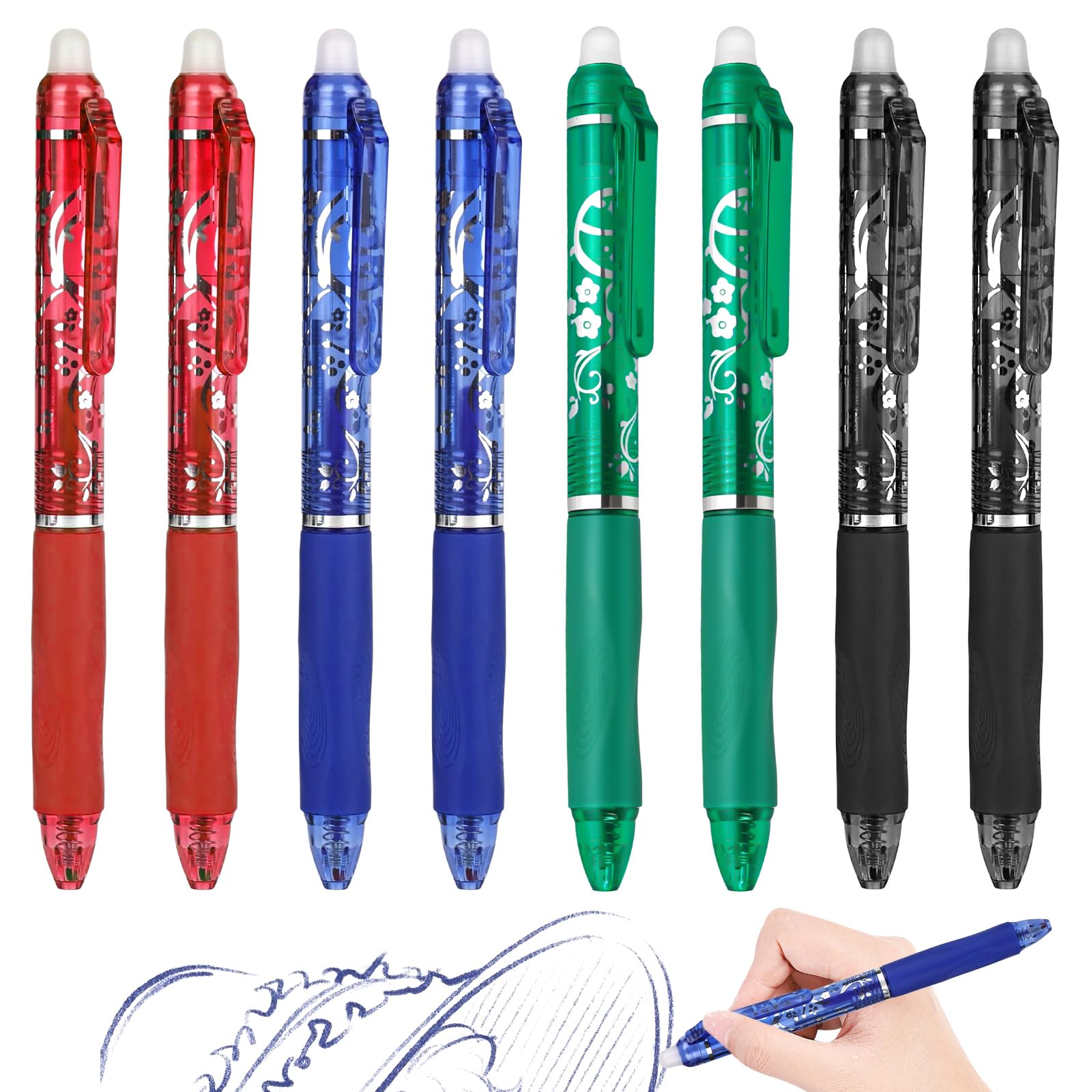 RUCUDIM Bolígrafo de gel borrable retráctil, 8 bolígrafos borrables, 0,5 mm, para material escolar, suministros de oficina, azul, negro, rojo y verde