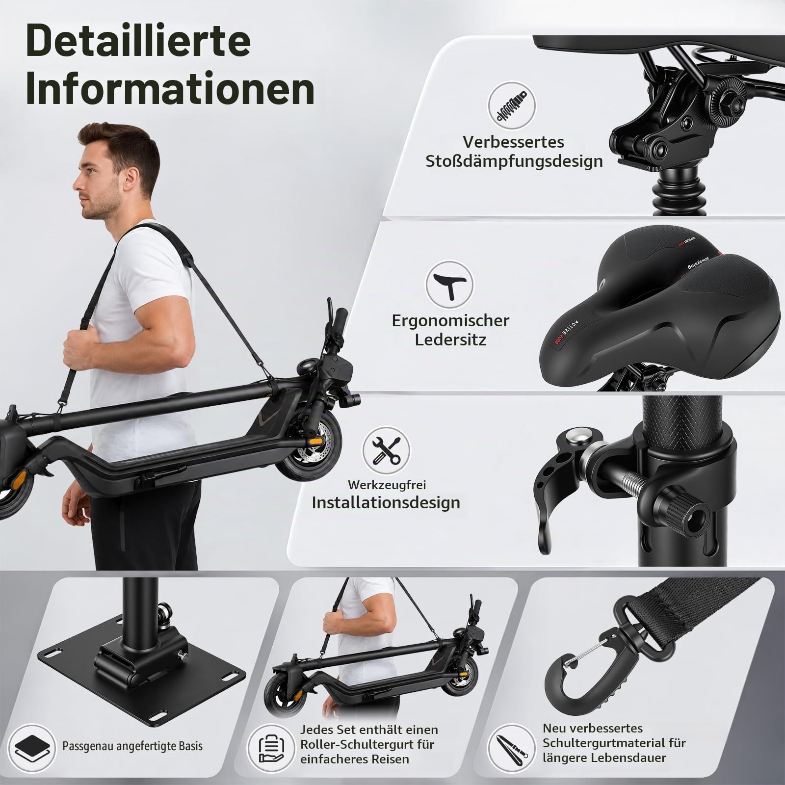Elektro Scooter Sitz, Höhenverstellbarer Klappsitz für Elektroroller Erwachsene Kompatibel mit Segway Ninebot F3/E3/E3Pro Roller 45-65CM Sitzhöhe mit Stoßdämpfender Sitz Tragbarer Schultergurt