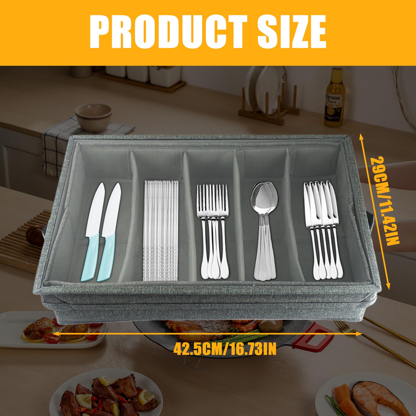 Taca na sztućce ze zdejmowaną pokrywą i 5 regulowanymi przegrodami, 42,5 x 29 x 8 cm, wodoszczelna pyłoszczelna, organizer na sztućce, pudełko do przechowywania