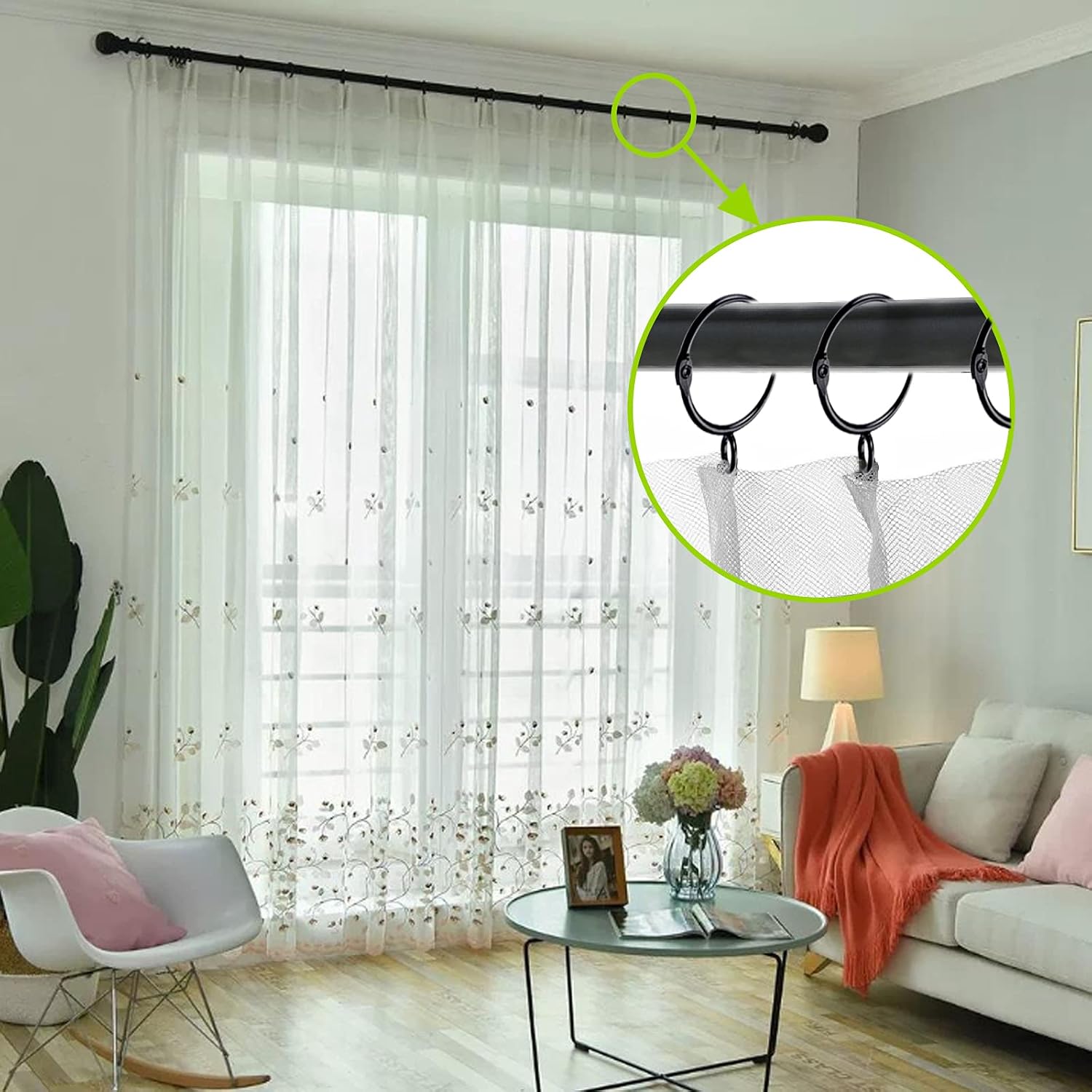 Curtain Rings, 28 Pcs Black Metal Curtain Rings with Eyelets Open and Close Metal Rustproof Drapery Loops with Eyelet Drapery Ring for Curtain Hook Pins, Inner Diameter- 50mm