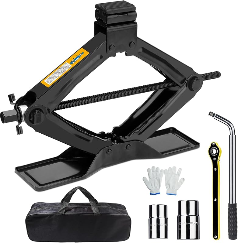 Car Jack 2 Ton (4409 lbs), Scissor Car Jack Kit with Extended & Widened Base, 360° Rotatable Rubber Pad, Tire Changing Kit with Ratchet & Lug Wrench - Scissor Lift Jacks for Cars, SUV, MPV