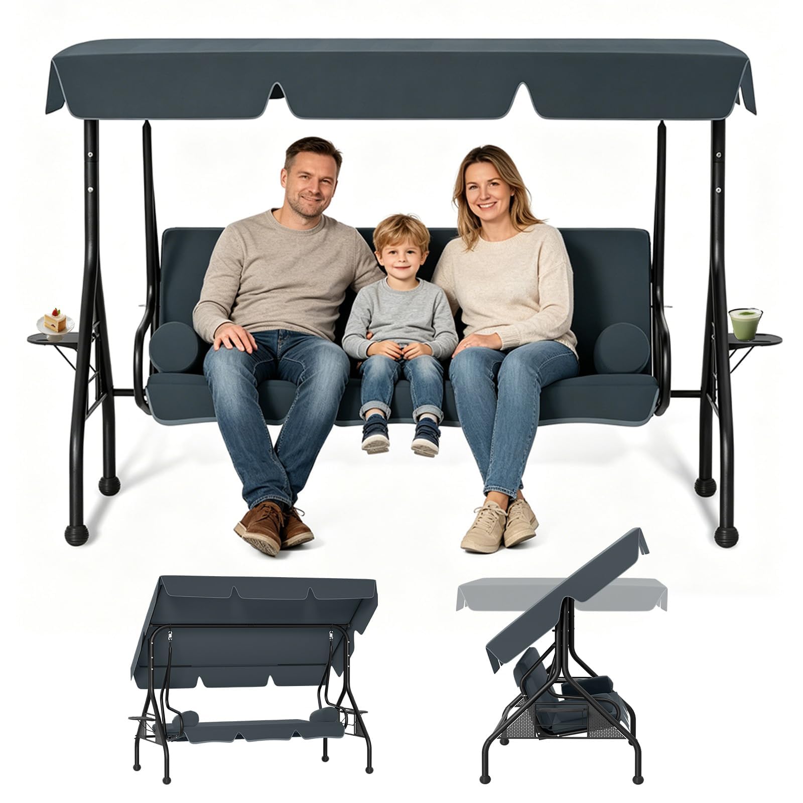 LZQ Hollywoodschaukel 3-Sitzer mit Liegefunktion Garten Schaukelbank mit verstellbarem Sonnendach, Gartenliege Gartenschaukel mit Anti-Rutsch-Füßen, Verandaschaukel Outdoor Schaukel