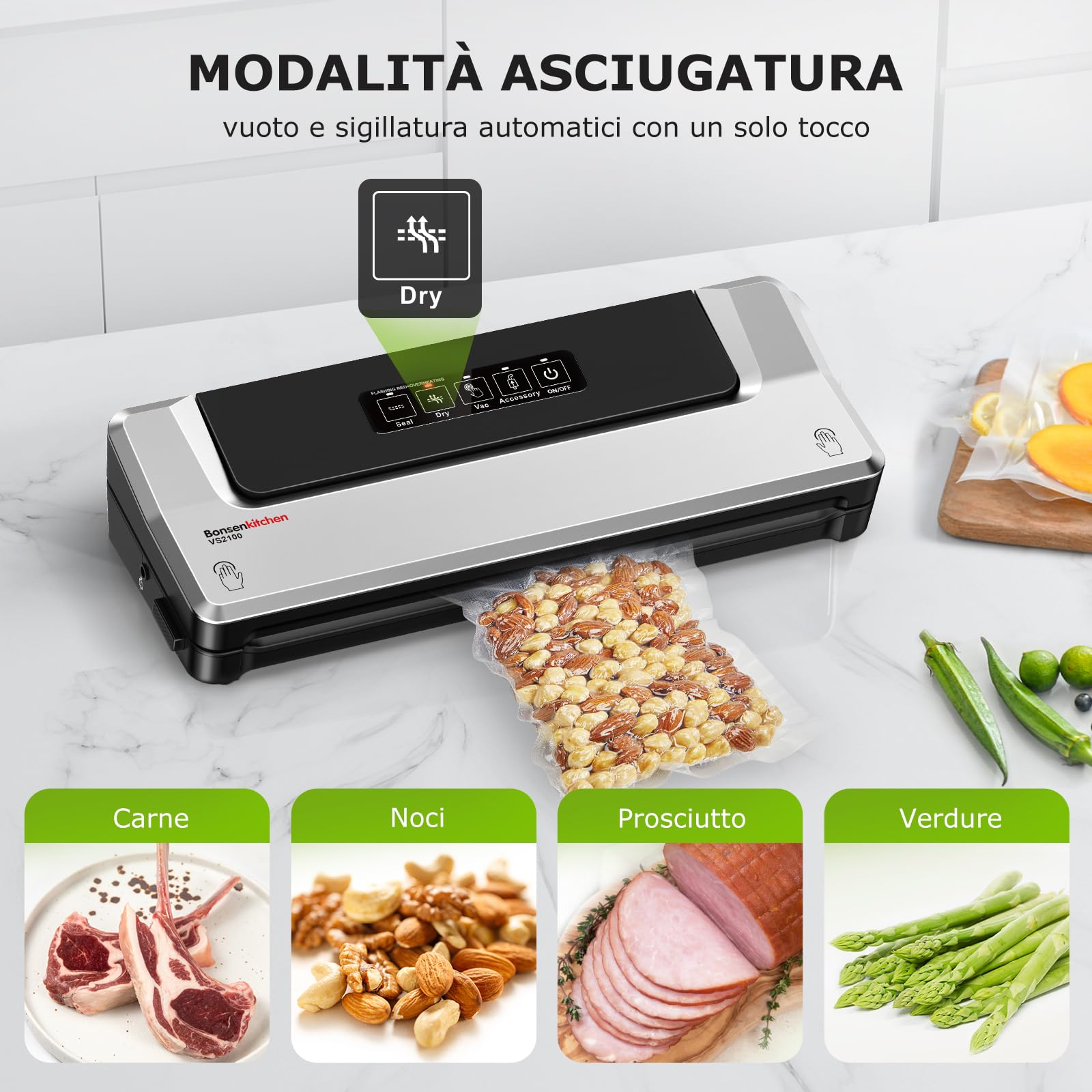 Bonsenkitchen Macchina Sottovuoto per Alimenti 4 in 1 - Macchina Sottovuoto per La Cottura Sottovuoto e La Conservazione di Alimenti Freschi, Con Modalità Vuoto Esterno, con 5 sacchetti sottovuoto