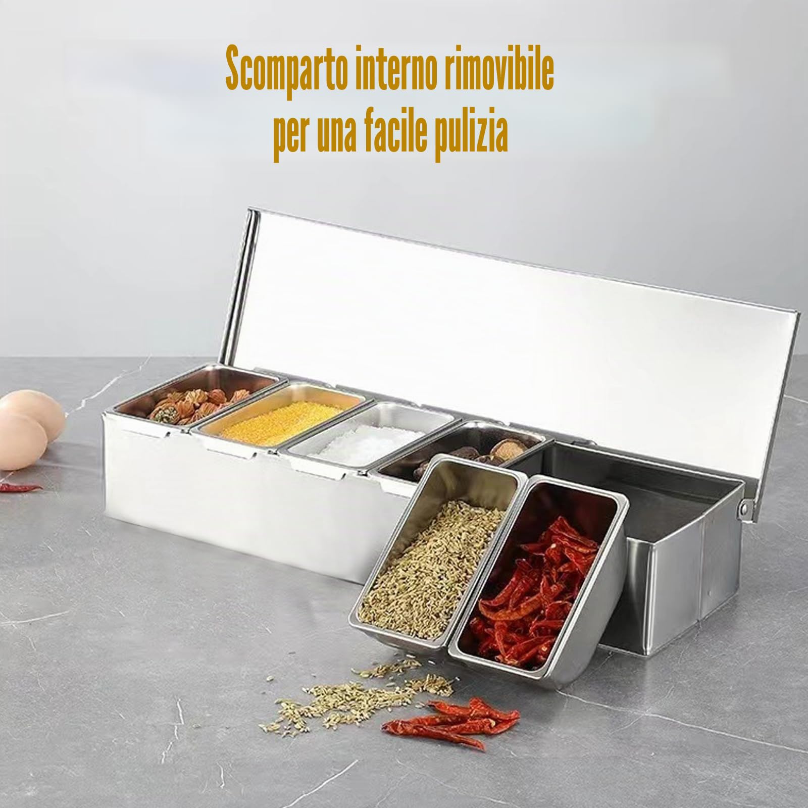Contenitore per ingredienti di pizza, in acciaio inossidabile, accessori per la gastronomia, 4 griglie, contenitore per spezie, contenitore per barbecue con coperchio, porta-condimenti, bar,