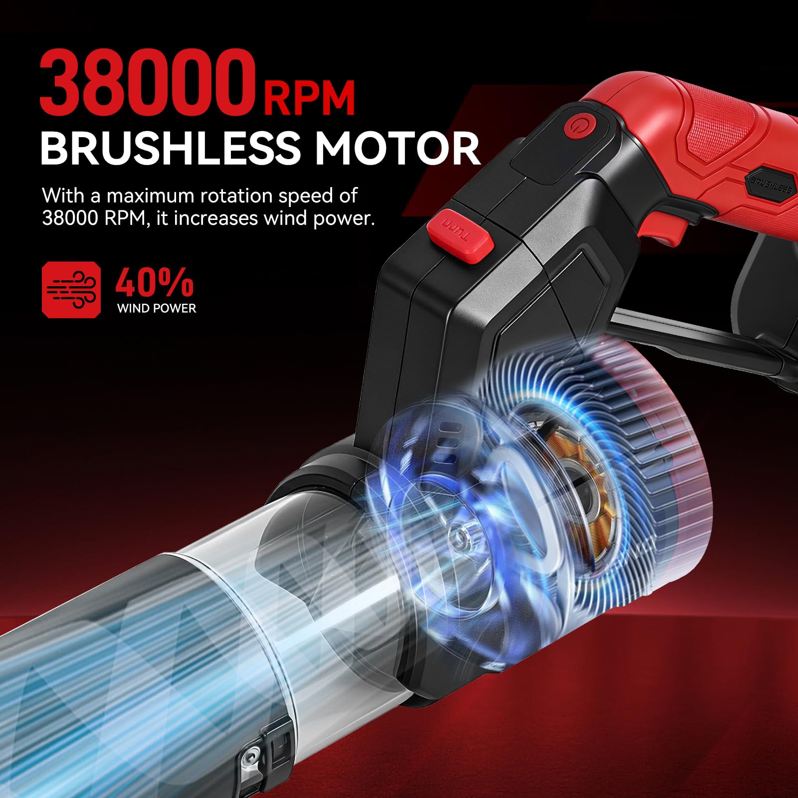 ONEVAN Soffiatore elettrico a batteria con display digitale, 525 W, senza spazzole, girevole a 180°, 180 km/h e 3 marce, 558 m³/h, con 4 ugelli, 2 batterie da 4,5 Ah, soffiatore senza fili per