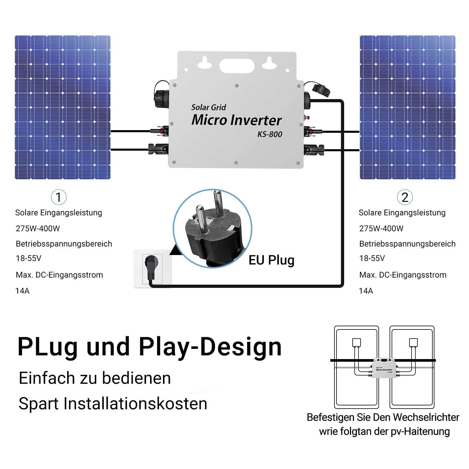 Balkonkraftwerk Wechselrichter 800W，PV Wechselrichter IP65 Wasserdicht，Wechselrichter Solar mit WLAN APP，Wechselrichter Balkonkraftwerk für 2 Solarmodule