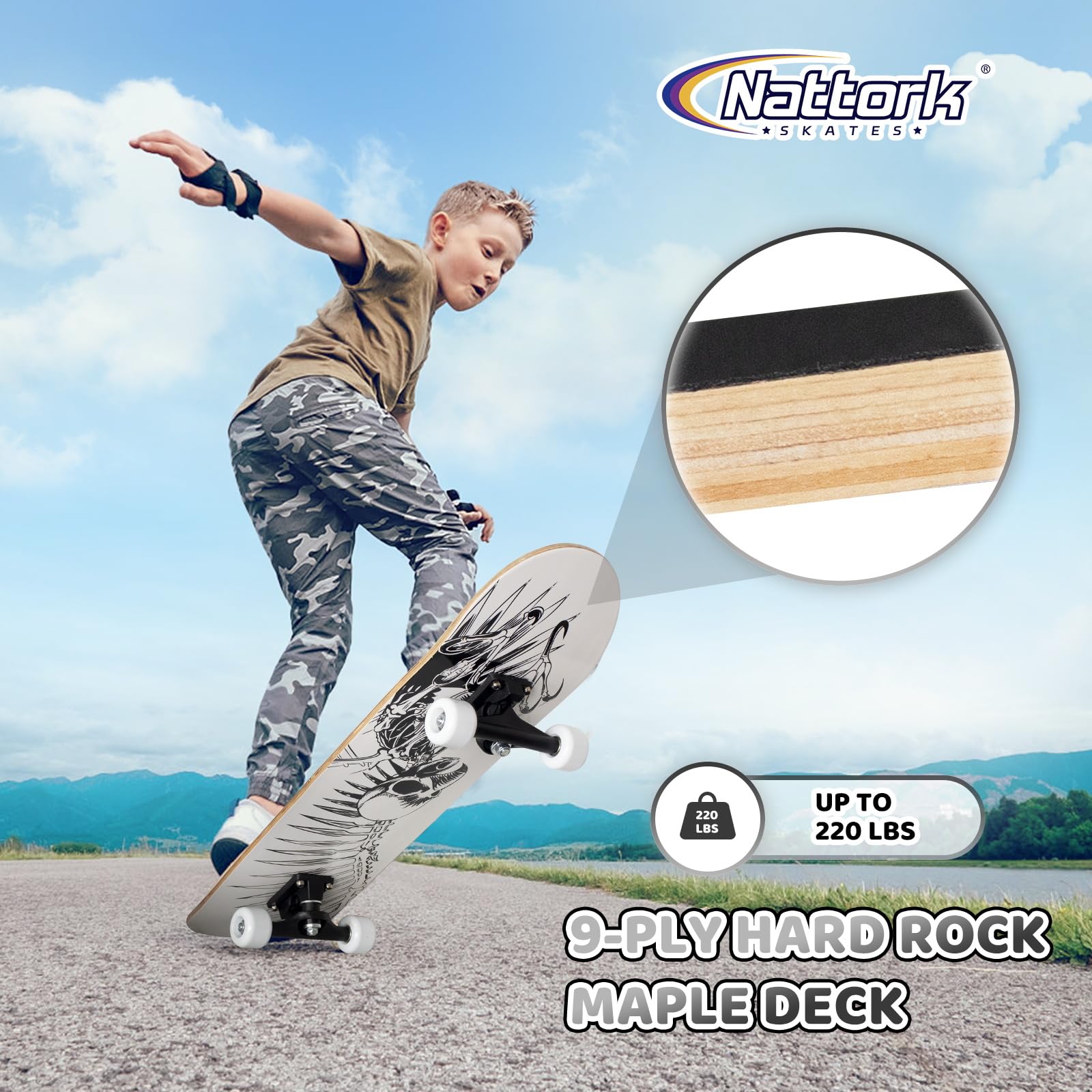 Nattork Skateboard complet de 78,7 cm, cadeau pour débutants, bois d'érable canadien 9 couches, pour garçons, filles, adolescents