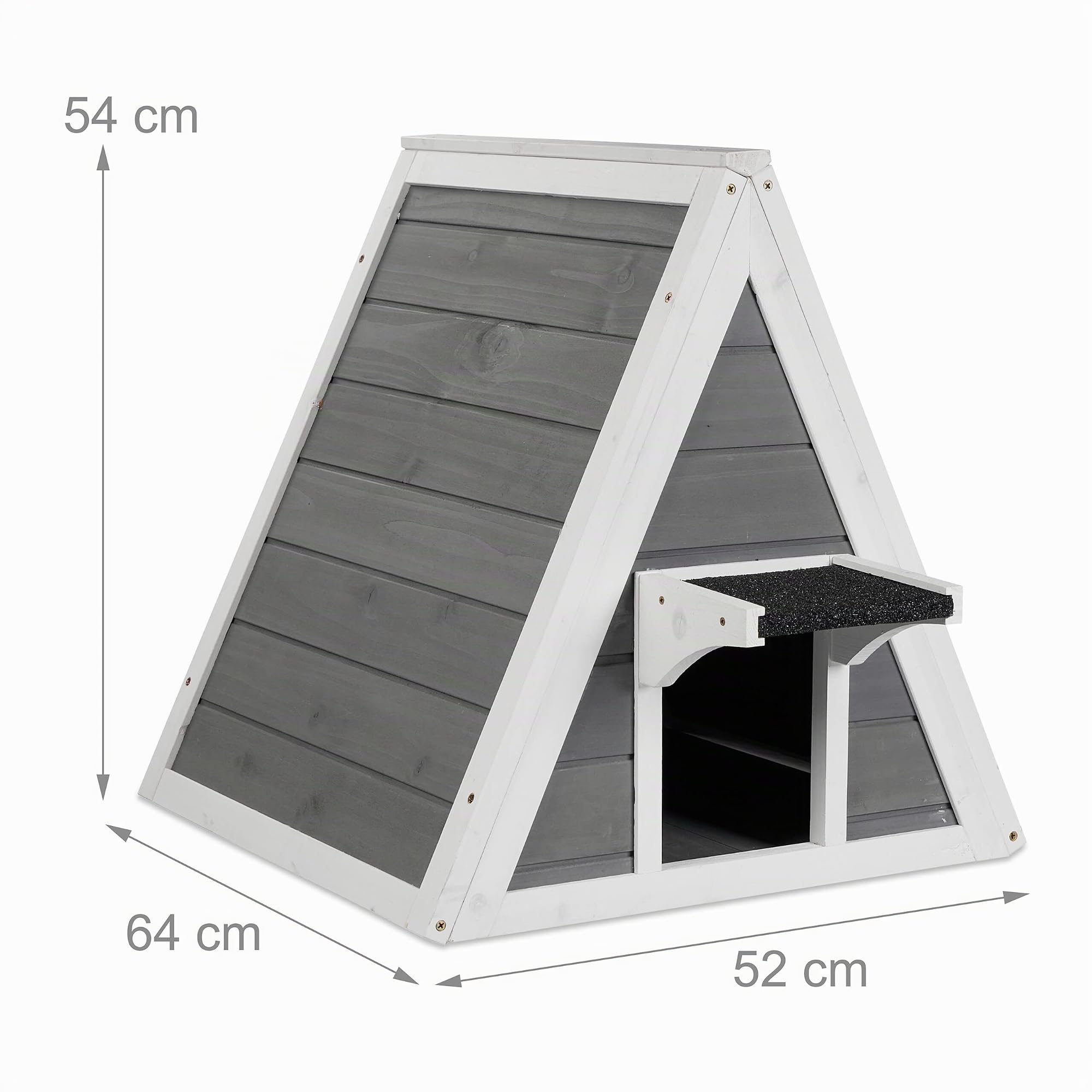 Relaxdays Casa Gatos, Casita Mascotas Madera, para Exterior, 54 x 52 x 64 cm, 2 Entradas, Techo Puntiagudo, Gris/Blanco