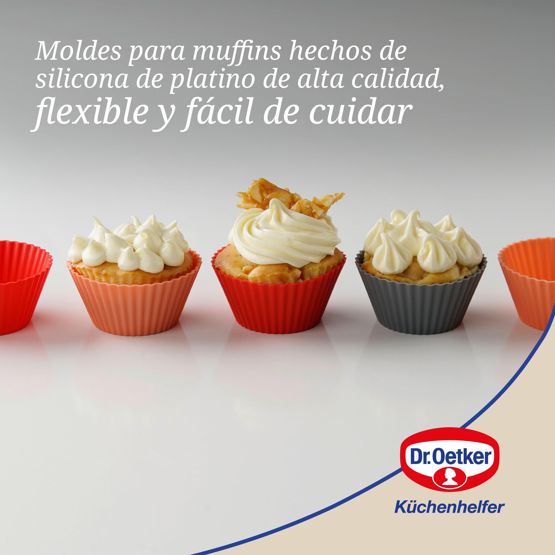 Dr. Oetker Capsulas de Silicona para Magdalenas, moldes Individuales para Hornear Muffins o Cupcakes, en Colores, 6,5x4cm, 12uds Platinum, Surtidos en Gris, Naranja y Rojo, 6,5 x 6,5 x 4 cm (1263)