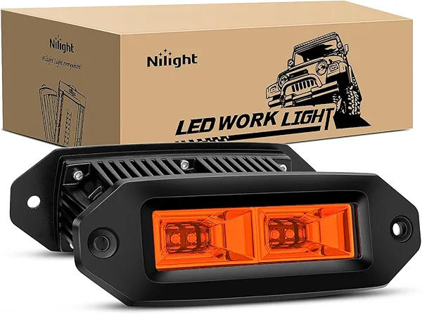 Nilight 2 PCS 40W Flush Mount Amber LED Pods Flood Beam Work Offroad Fog Reverse Light Backup Driving Lights for Bumper Truck ATV UTV SUV Boat