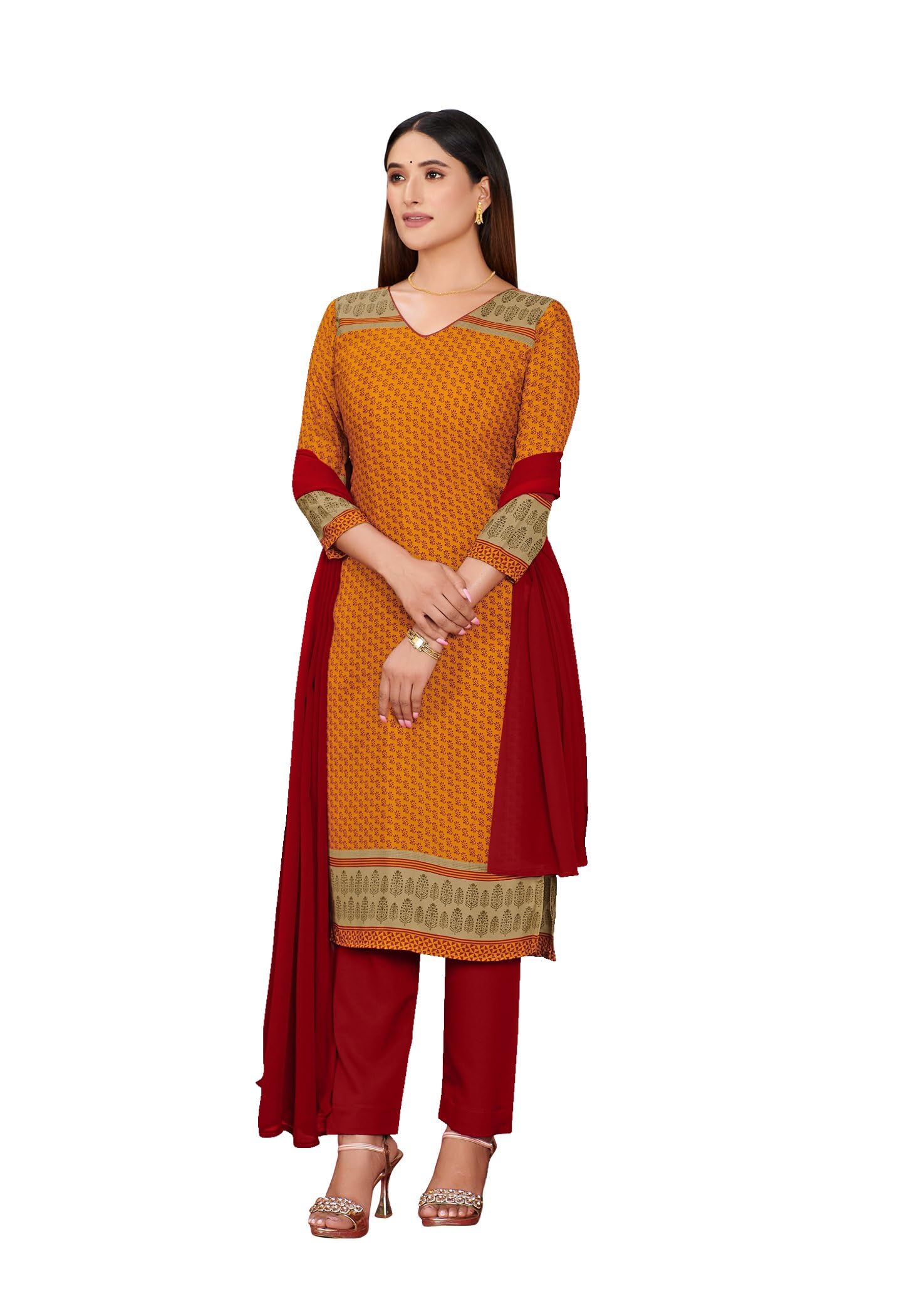 Prints Women's Printed Pattern Crepe Silk Uniform Suit Set with 3/4 Sleeve V-Neck Calf Length and Plain Weave Type-image-6