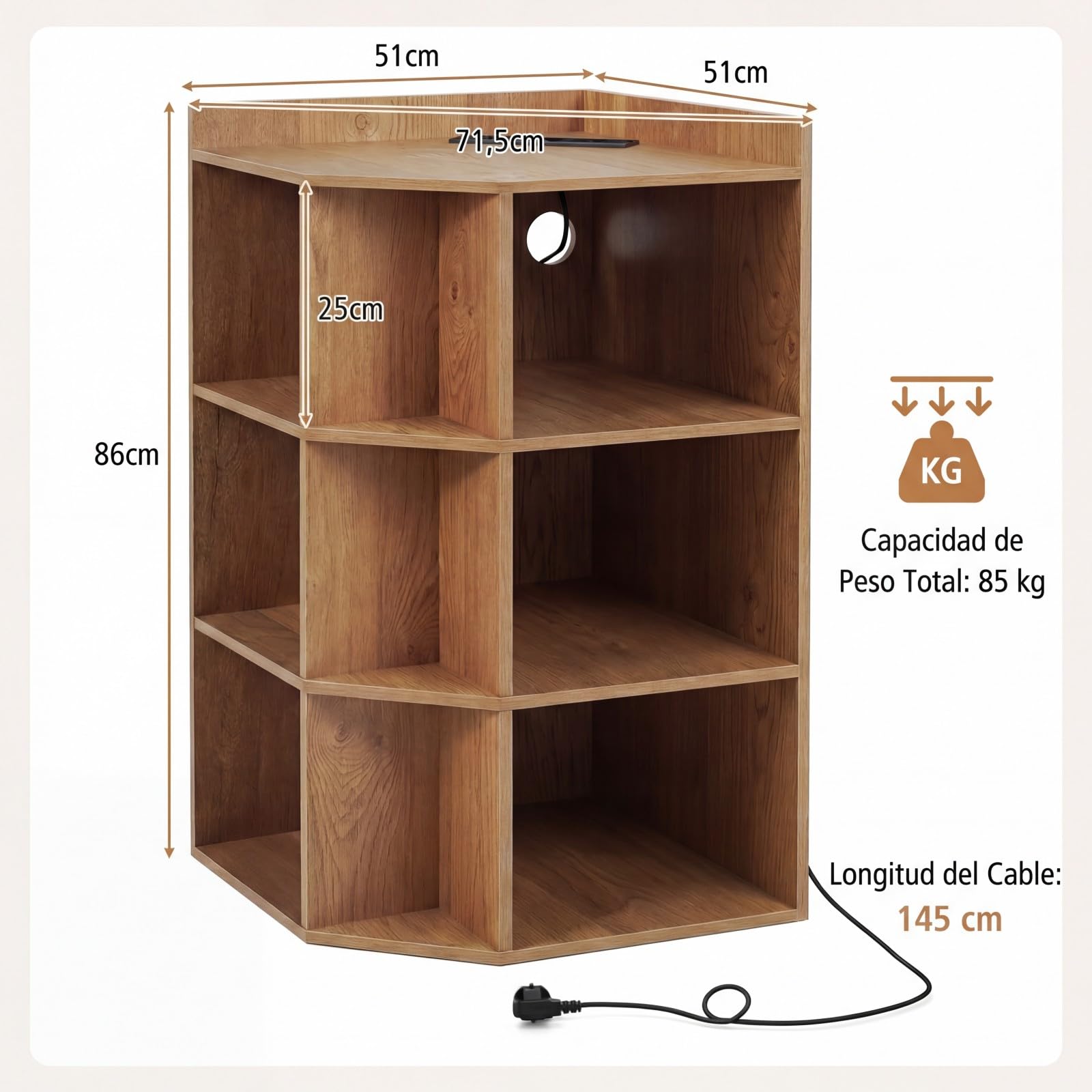 COSTWAY Armario Esquinero con Estación de Carga, Mueble Esquinero de 3 Niveles, 9 Cubículos, Mueble Esquina Dormitorio Salon Cocina, 51 x 71,5 x 86 cm (Natural)