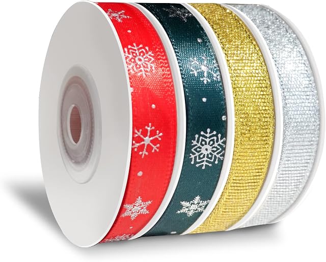 InJolly 4 Roll 60 Yards Christmas Ribbons 1cm Gift Wrapping Ribbons Polyester Satin Ribbon Organza Ribbon Winter Holiday Snowflake Ribbon for Xmas Tree Decorations(Red, Green, Silver, Gold)