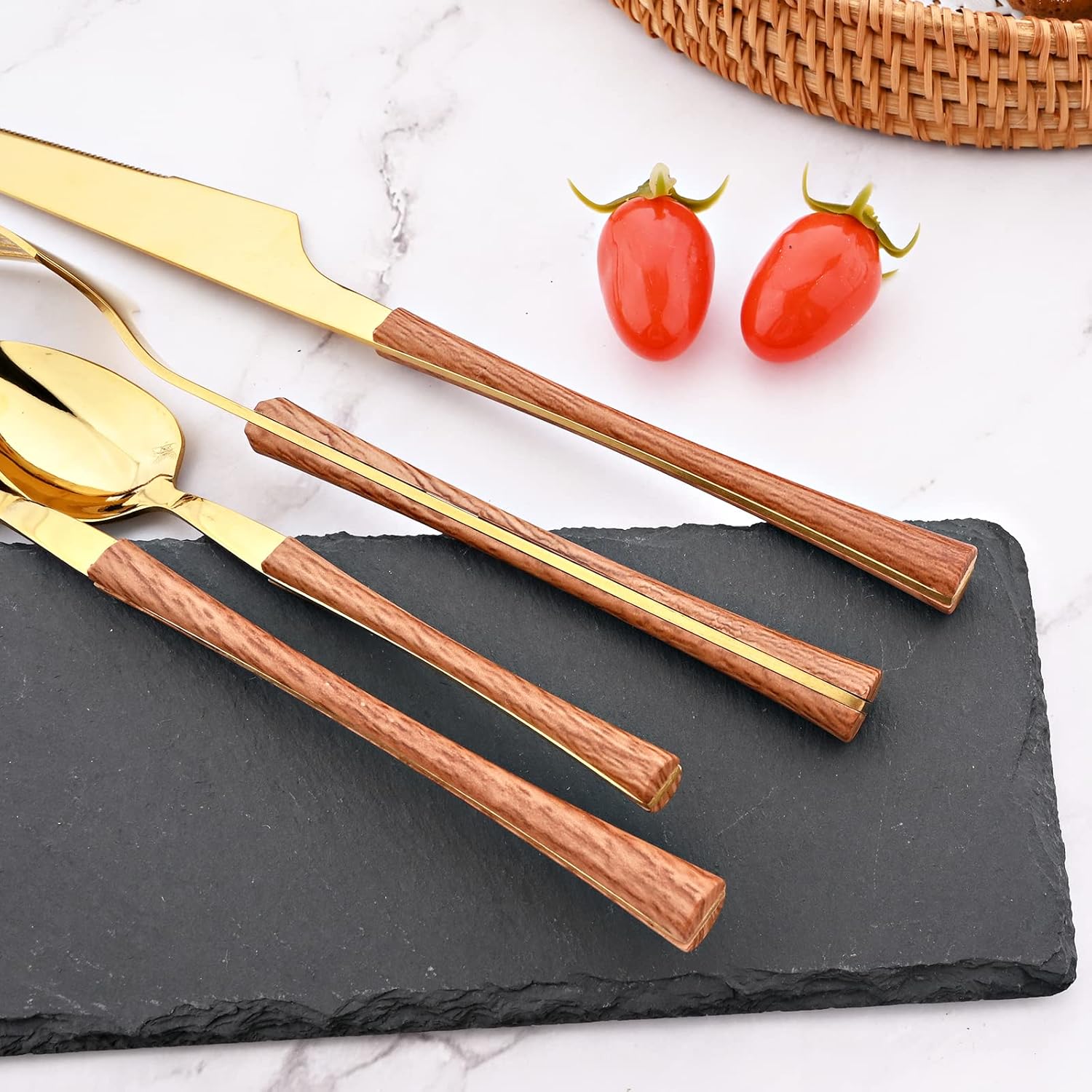 24-Piece Wood Silverware Flatware Set Stainless Steel Cutlery Service for 6, Including Fork Spoon Knife Tableware, Mirror Polished,Wooden Handle with Gold Mouth