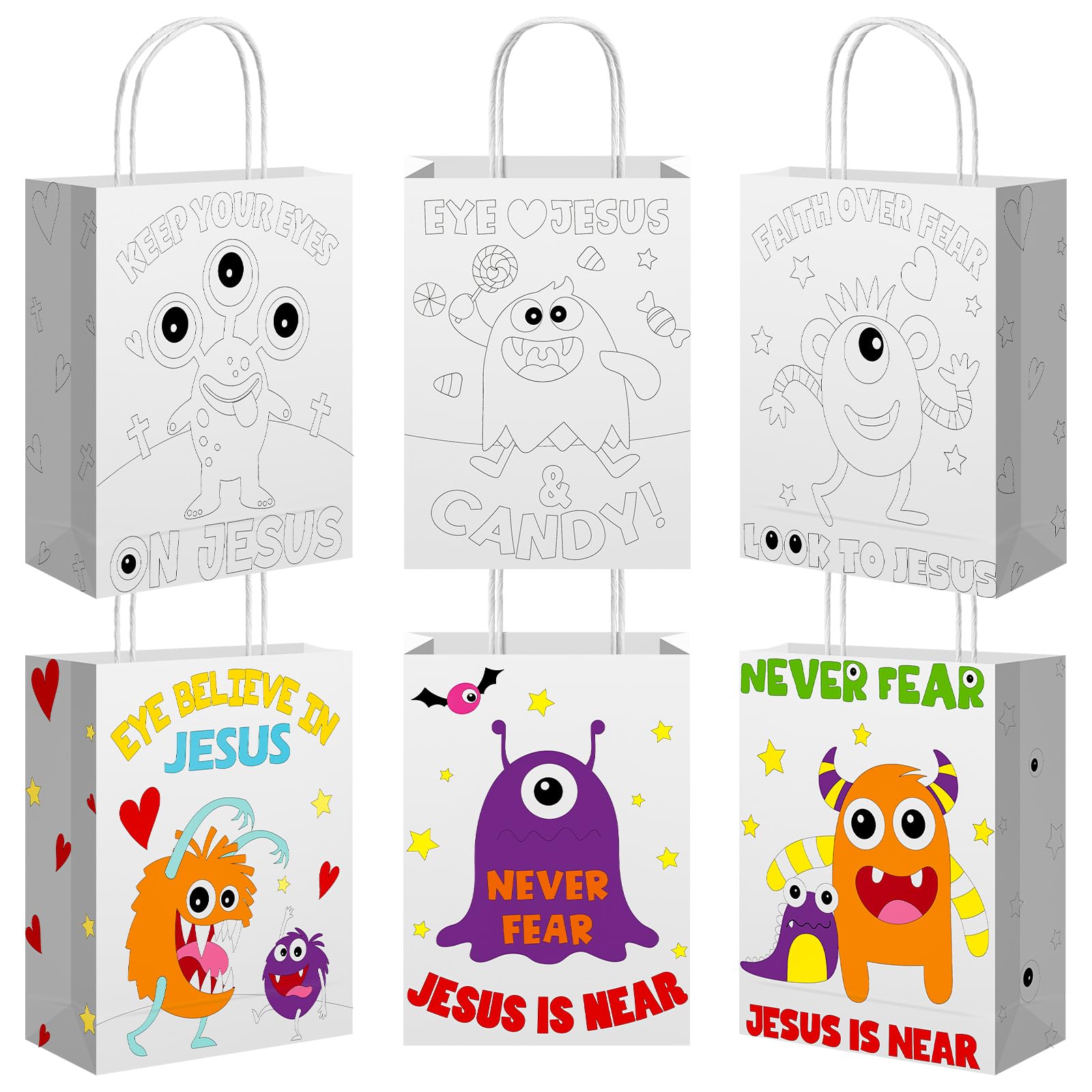 Kolldenn 24 Pcs Christian Monsters Halloween Coloring Bags Halloween Coloring Crafts Color Your Own VBS Sunday School Religious Goodie Gift Bags for DIY Painting Home Party Favors Supplies