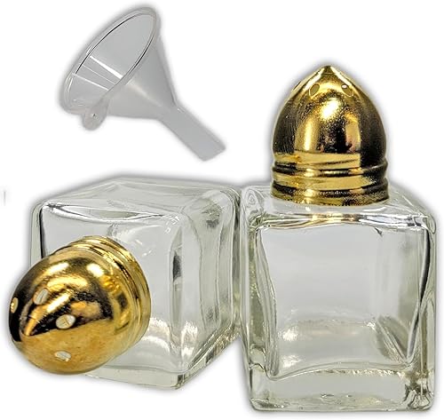 Paquete de 2 mini saleros y pimenteros de cristal transparente con tapas doradas y embudo de fácil llenado NetSellsIt