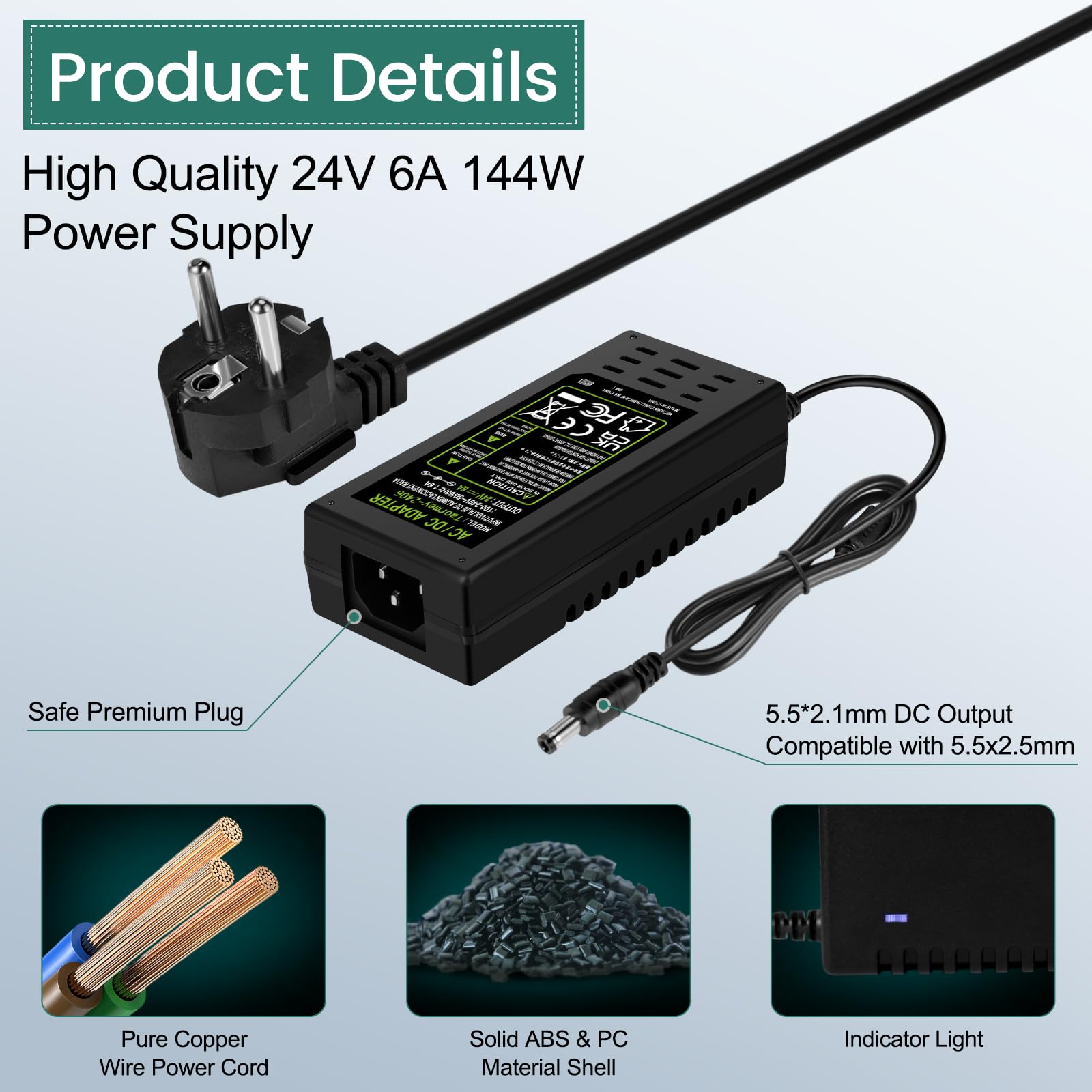 Adattatore di alimentazione universale da 24 V, 6 A, CA 100-240 V fino a CC 24 V, 6 A, alimentatore per strisce LED, TV, DVD, LCD, monitor radio, fotocamera, presa europea 5,5