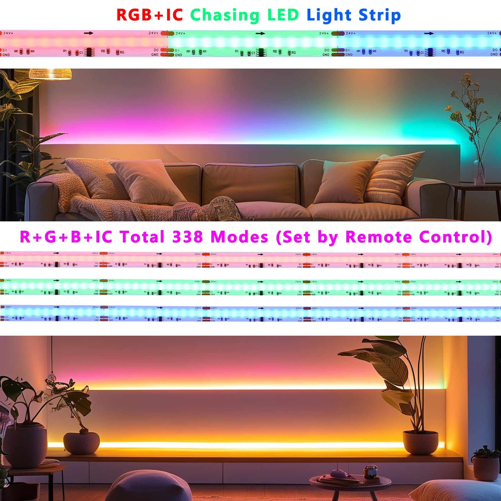 BENLUN 24V WS2811 RGB+IC Chasing Farbe COB LED Streifen 20m (10m X 2) | LED Strip Light 180W mit Fernbedienung und Netzteil für Zimmer Decoration, Küche, Akustikpaneele, Gaming