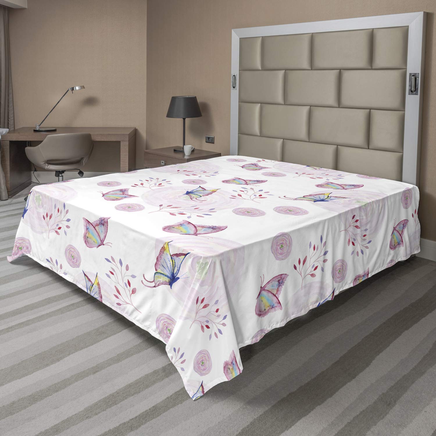 Ambesonne Butterfly Flat Sheet, Butterflies and Branches Romantic Spring Retro Faith Optimism Change Fly Theme, Soft Comfortable Top Sheet Decorative Bedding 1 Piece, California King, Pink White