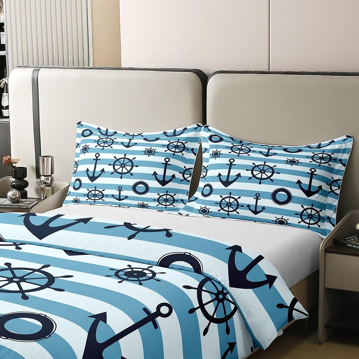 100% Cotton Nautical Anchor Comforter Cover Single,Navy Blue White Stripes Duvet Cover for Kids Boys,Geometric Striped Quilt Cover,Coastal Bedding Compass Rudder Bedspread Cover with 1 Pillow Case - Image 4