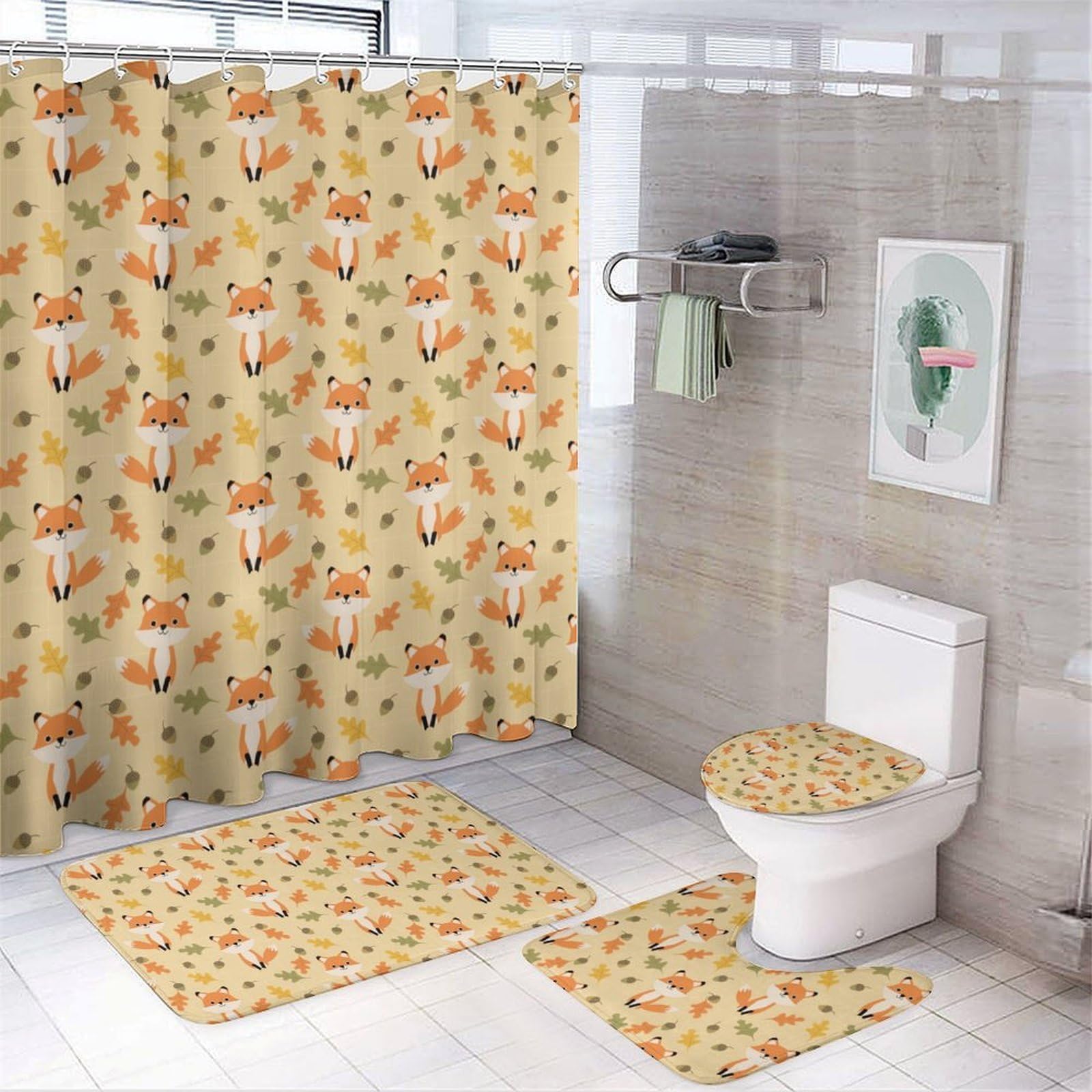 JZemdybill Bathroom Mat Set 4 Piece, Autumn Cute Fox Shower Curtain with Non-Slip Bath Mats for Bathroom