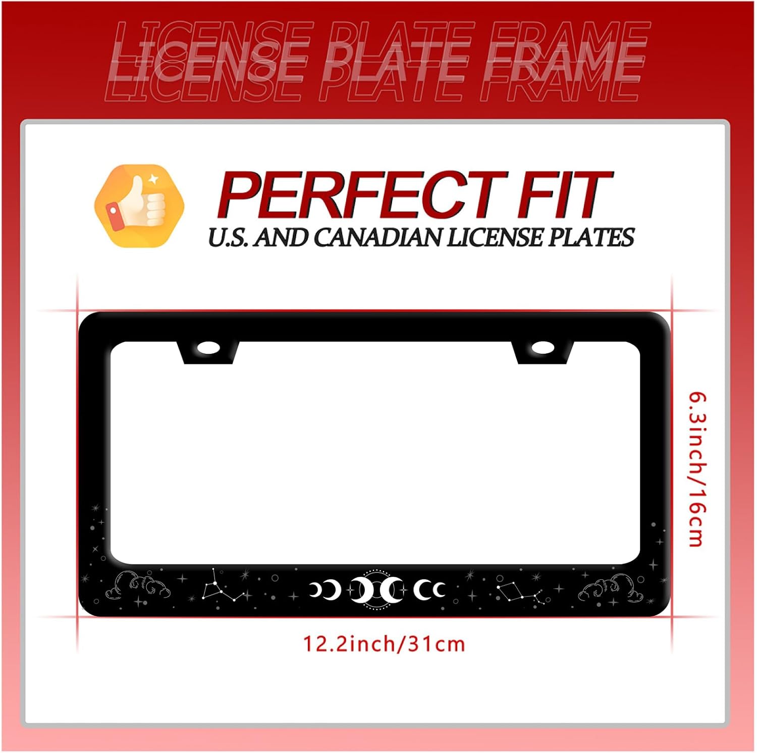 2Pcs Moon Stars License Plate Frame Colorful Galaxy Moon Phase License Plate Funny Stainless Steel Auto Parts Beautiful License Plate Decoration with Screws 12.3" x 6.3"