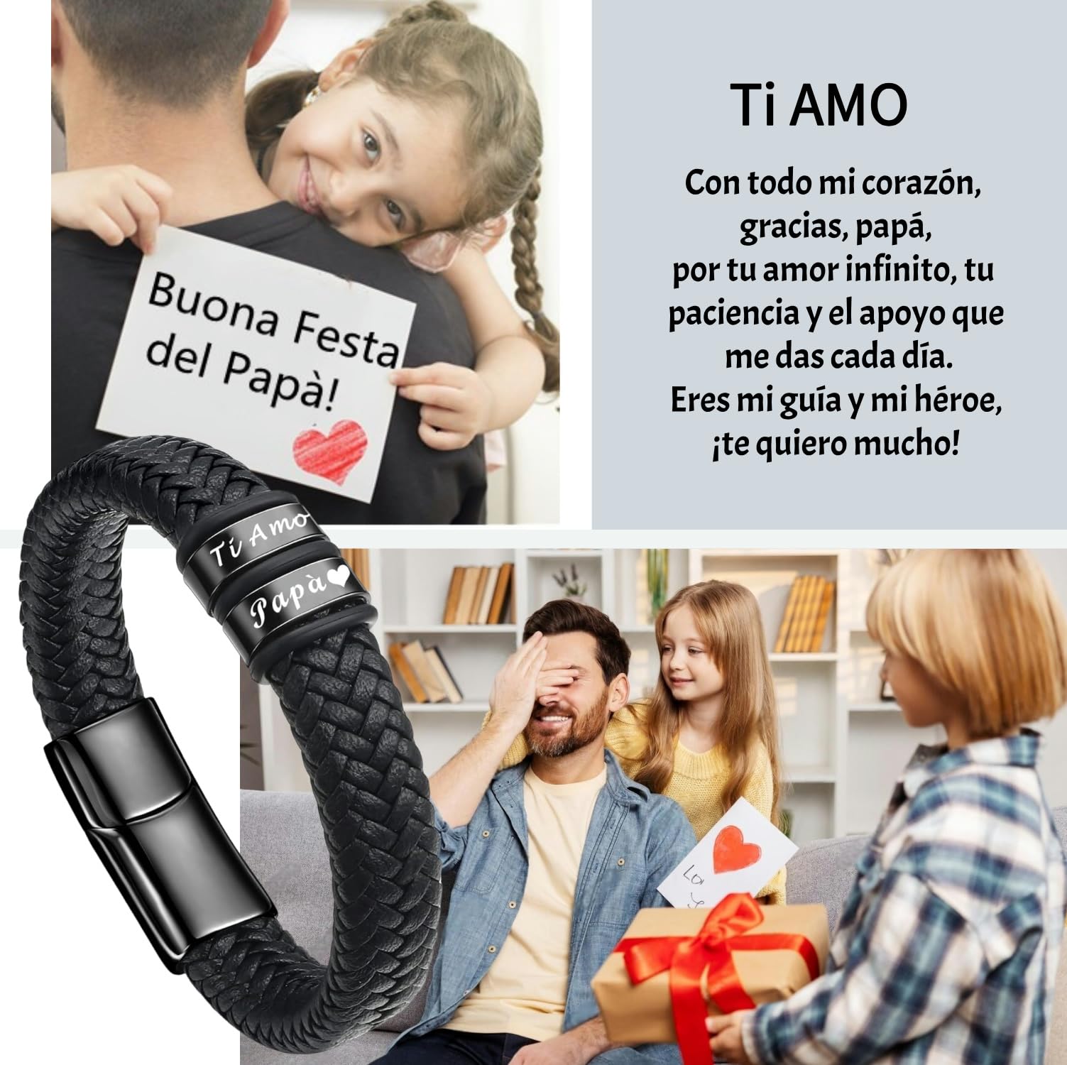 Gkmamrg Regalo per la festa del Papà Bracciale Regali - Incisione “Ti Amo Papà” intrecciata in vera pelle Braccialetti - Regalo per la festa del papà