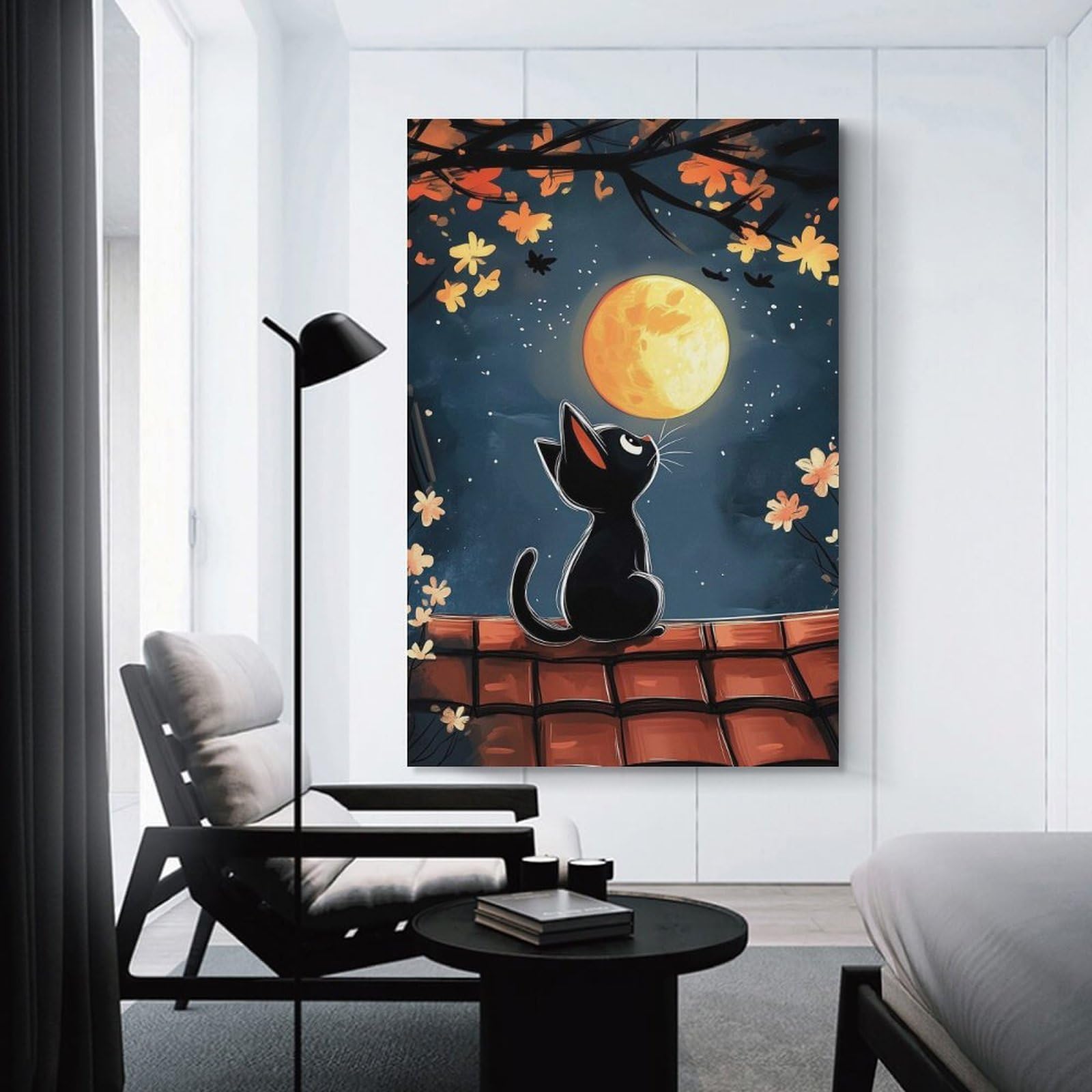 Junmoney Unframe-Style Black Cat Moonlit Night Wall Decor Canvas Print, 24X36inch(60X90cm), For Home Lounge, Bedroom Or Reading Nook, Decorative Artwork For Empty Walls