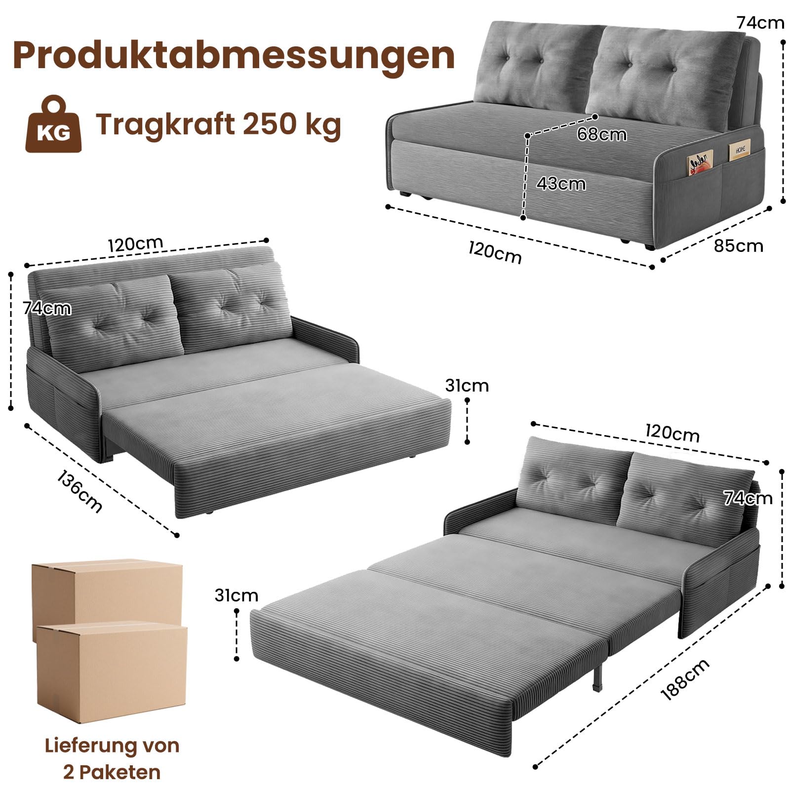 3-in-1 Schlafsofa, 2-Sitzer Sofa mit Schlaffunktion, Kordsamt Schlafcouch