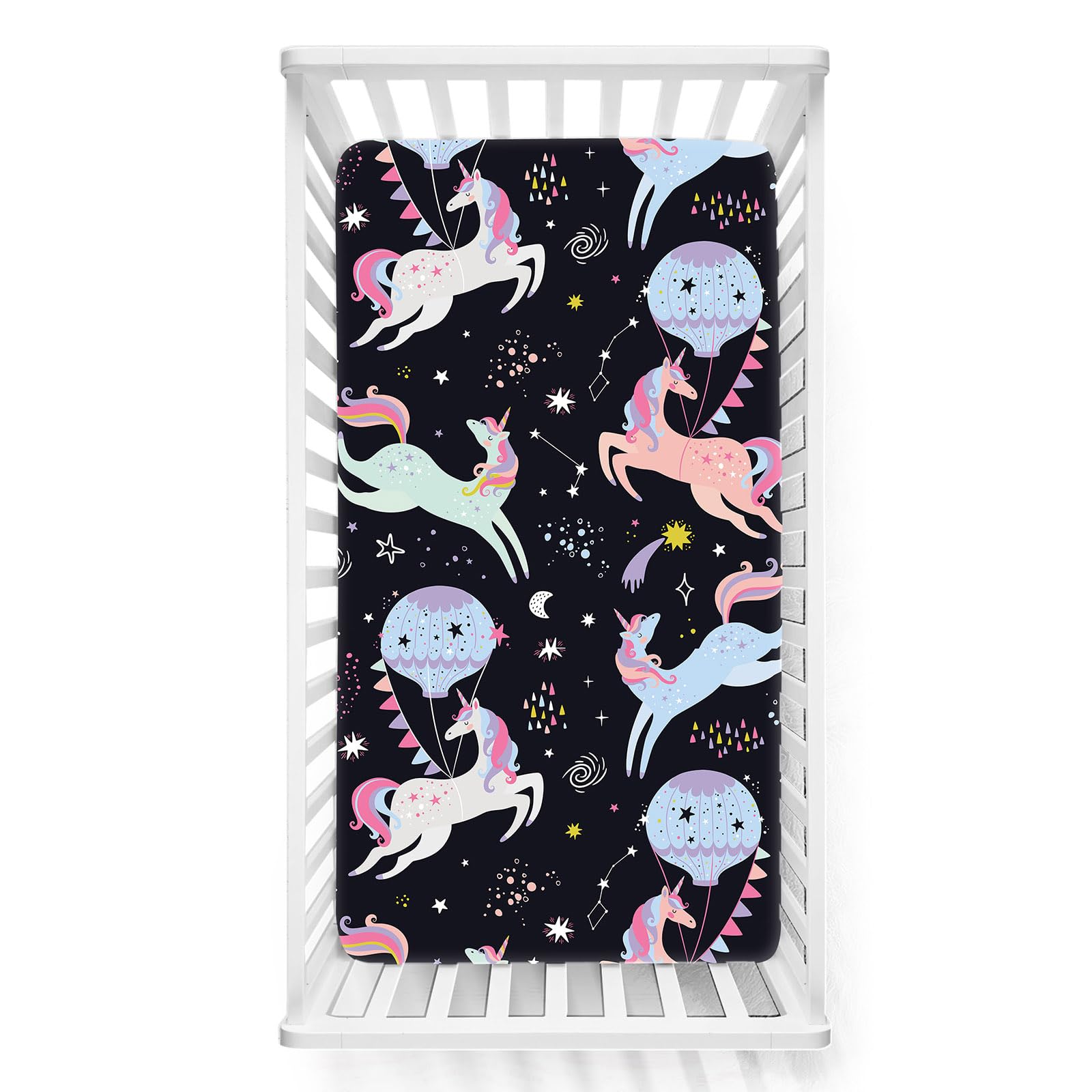 Odot Cot Bed Sheets, Cartoon Horse Print Bedside Cribs Fitted Sheets, Baby Bed Sheets Microfiber Cot Bed Mattress Protector, Bassinet Sheets, Easy Care Soft and Dureable (Black 2,70x140 cm)