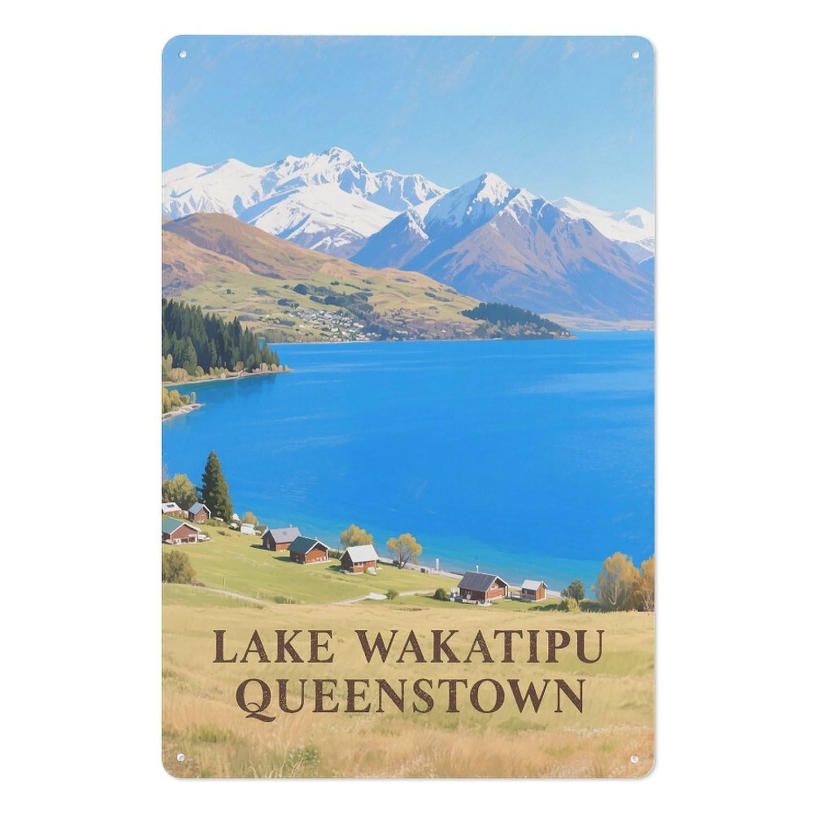 Lake Wakatipu Retro Design Tin Painting Vintage Tin Sign 08x12inch(20x30cm) Wall Art for Home Office Bedroom Living Room Cafes Wall Decor