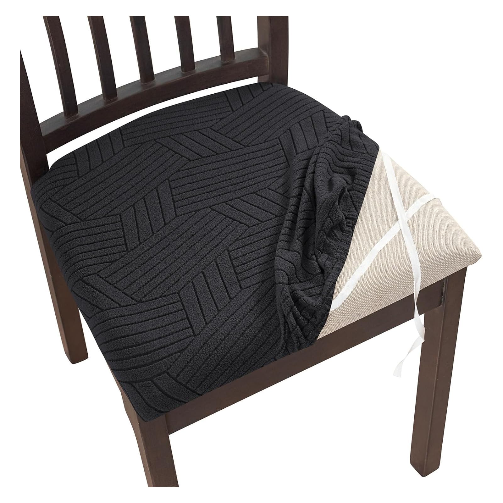 GUYIRT Dining Room Chair Seat Covers with Ties, Stretch Jacquard Seat Covers for Dining Room Chairs, Removable Washable Chair Protector, for Kitchen (black,set of 2)