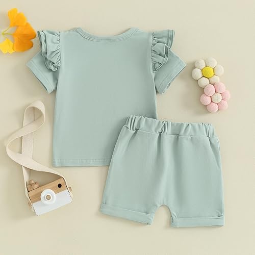 Miniatura 3 de Ursobutegl Conjunto de 2 piezas de ropa para bebés y niñas pequeñas, camiseta de manga corta con volantes, cintura elástica, pantalones cortos