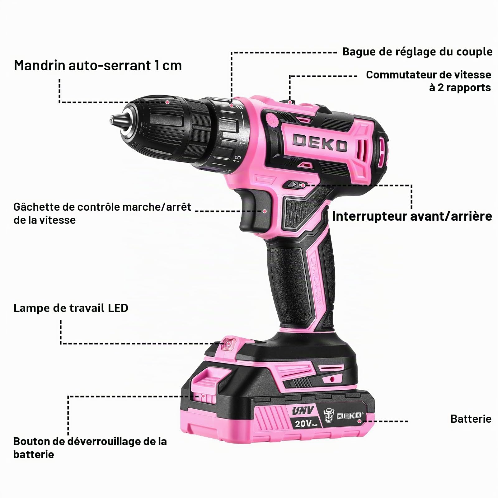 DEKOPRO Perceuse sans fil 20 V pour femmes avec batterie et chargeur, kit perceuse-visseuse