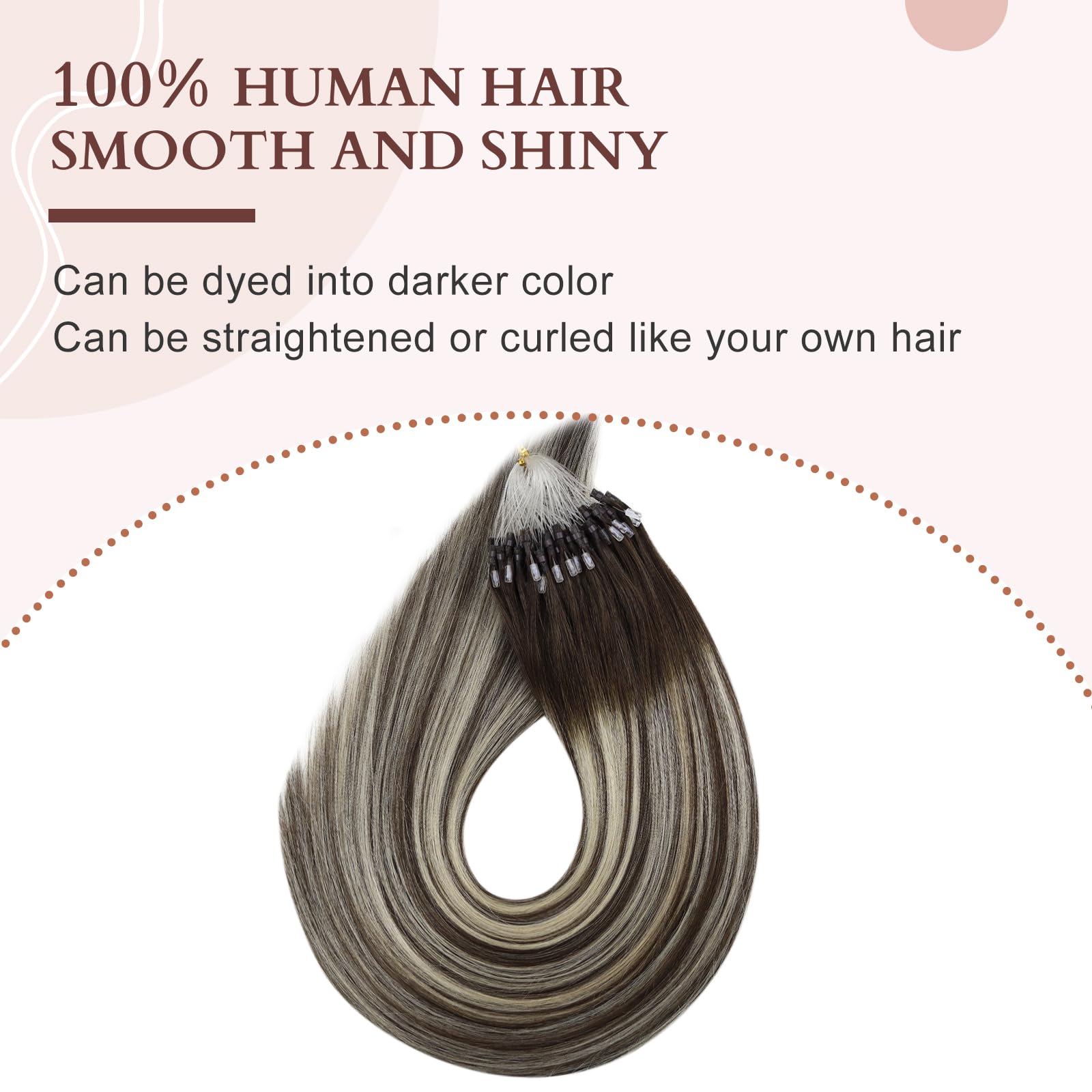 Fshine Human Hair Extensions Micro Links 20 Inch 50g Remy Hair Invisible Micro Ring Extensions Brunette Brown to Platinum Blonde and Darkest Brown Balayage Extensions Straight Hair for Women 1g/s - Image 3